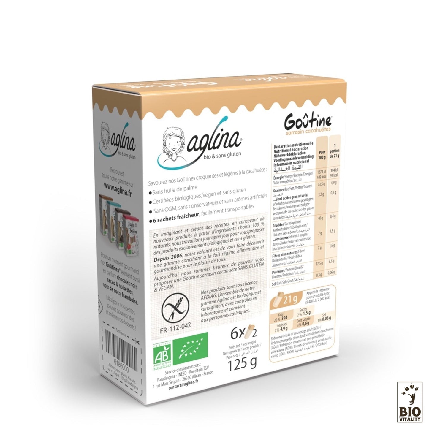 Une boîte de crackers sans gluten Goûtine cacahuète Bio dAGLINA, sans huile de palme, comprend les informations nutritionnelles, le marquage et les logos déco-certification. Elle contient 6 sachets et pèse 125 g.