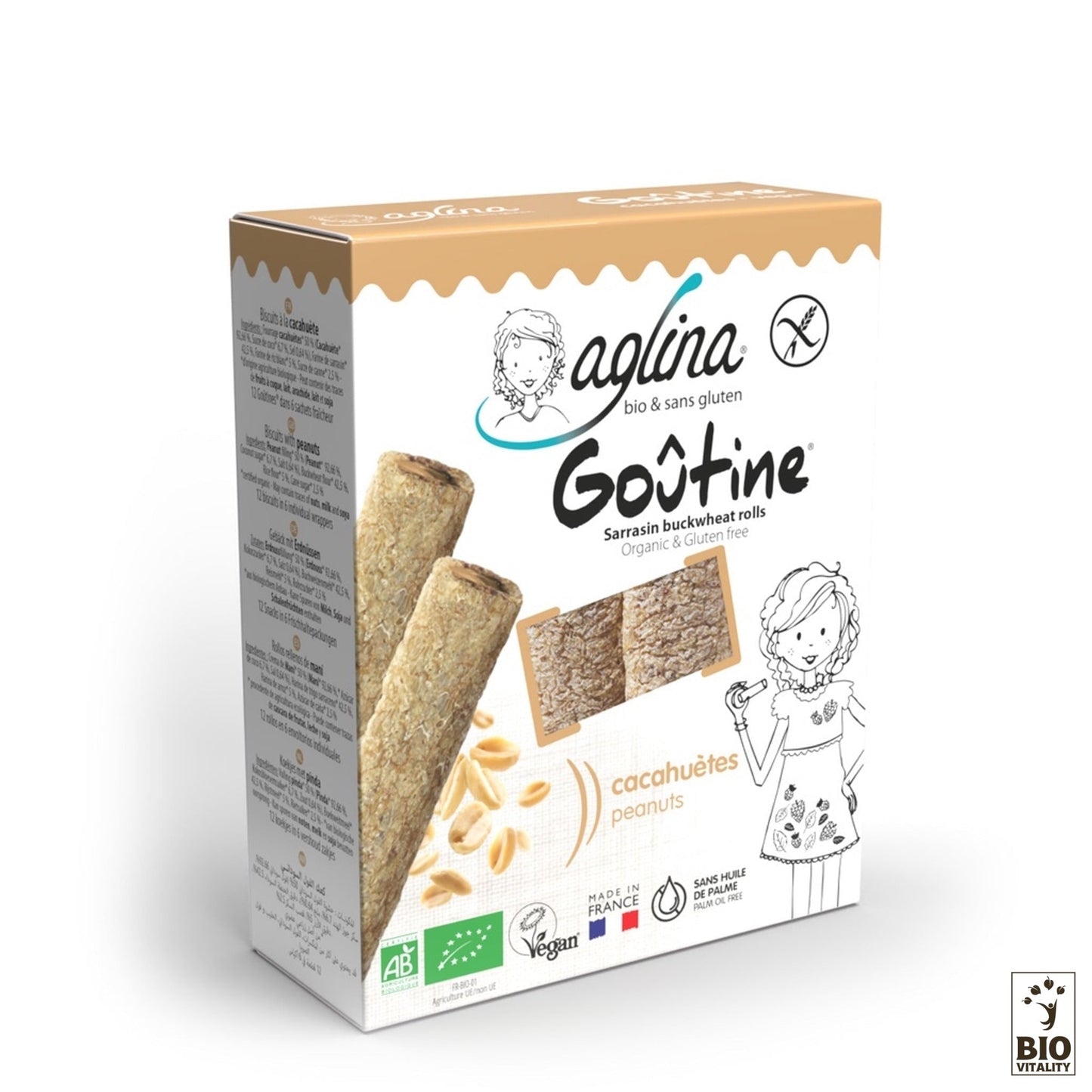 Coffret de biscuits AGLINA Goûtine cacahuète Bio - 125g, fièrement sans gluten et vegan. Lemballage met en valeur ce produit bio de fabrication française avec des images vibrantes. Ces délicieux biscuits sont vegan et sans huile de palme, ils raviront vos papilles.