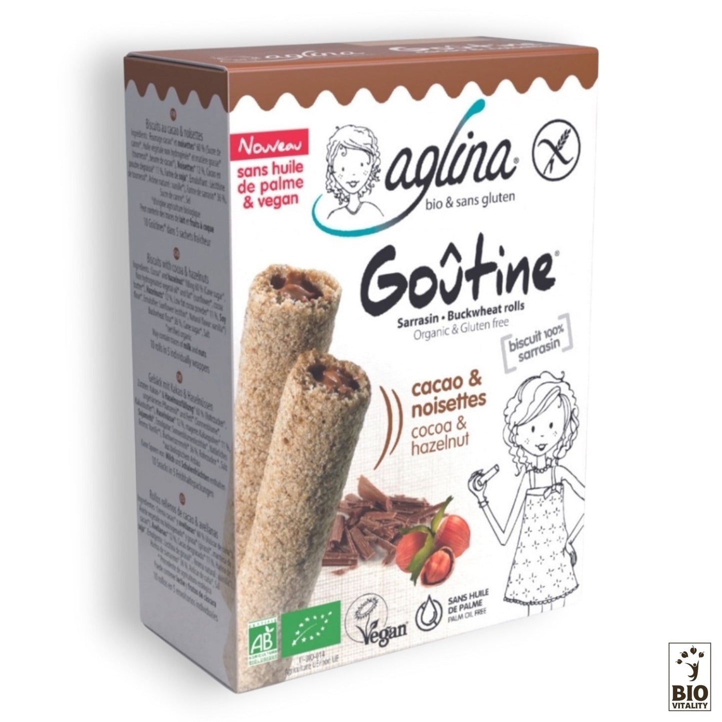 La boîte AGLINA Goûtine cacao & noisettes Bio 125g contient de délicieux petits pains au sarrasin sans gluten et vegan avec un succulent mélange de cacao et de noisettes. Fabriqués avec de la farine de sarrasin biologique, ils présentent un charmant personnage de dessin animé et sont sans huile de palme pour une tranquillité desprit.