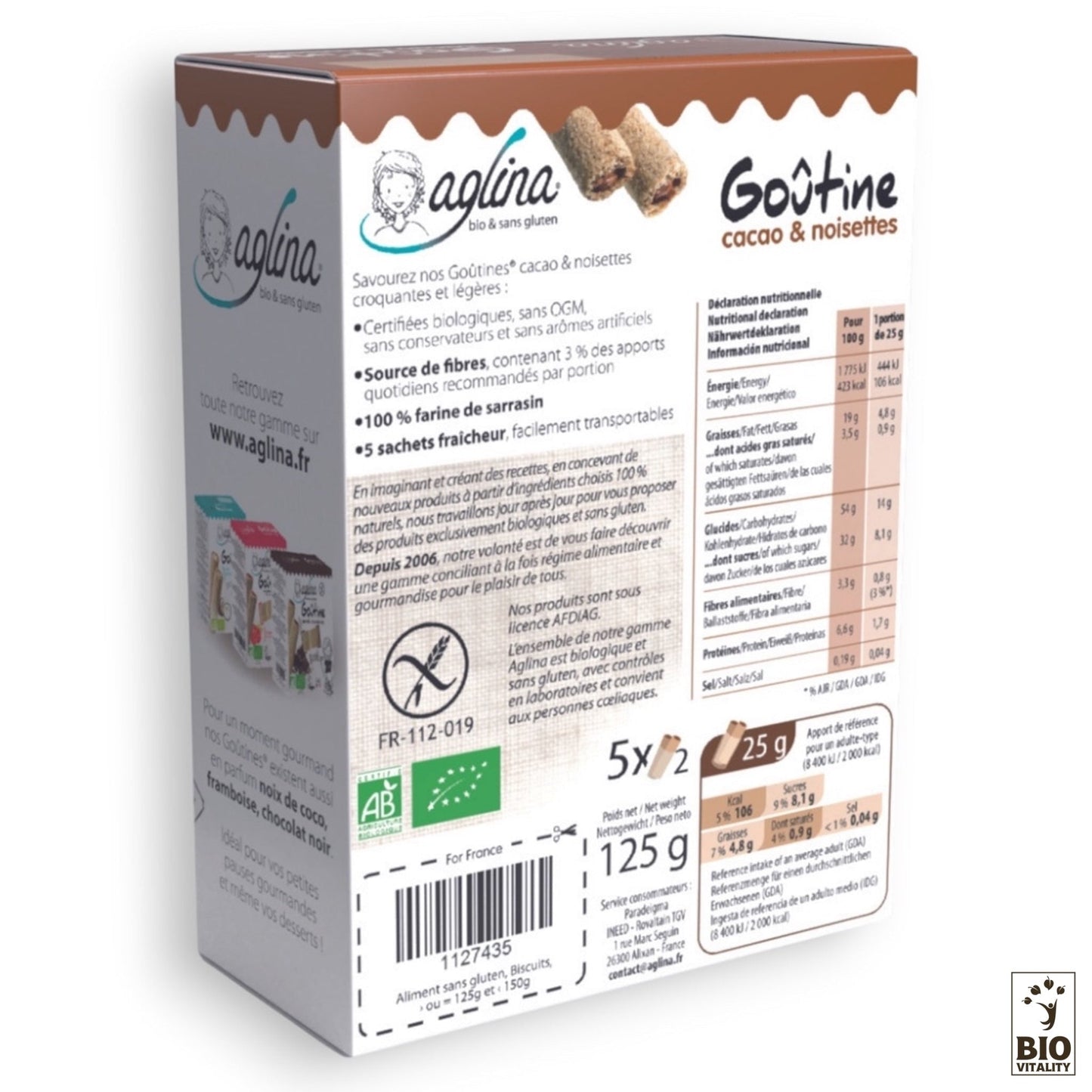 Au dos de la boîte AGLINA Goûtine cacao & noisettes Bio (125g) figurent les ingrédients et les informations nutritionnelles. Dotée dune certification BIO, elle bénéficie dune qualité premium avec de la farine de sarrasin pour un délicieux croquant à chaque bouchée, parfaite pour les gourmets soucieux de leur santé !.