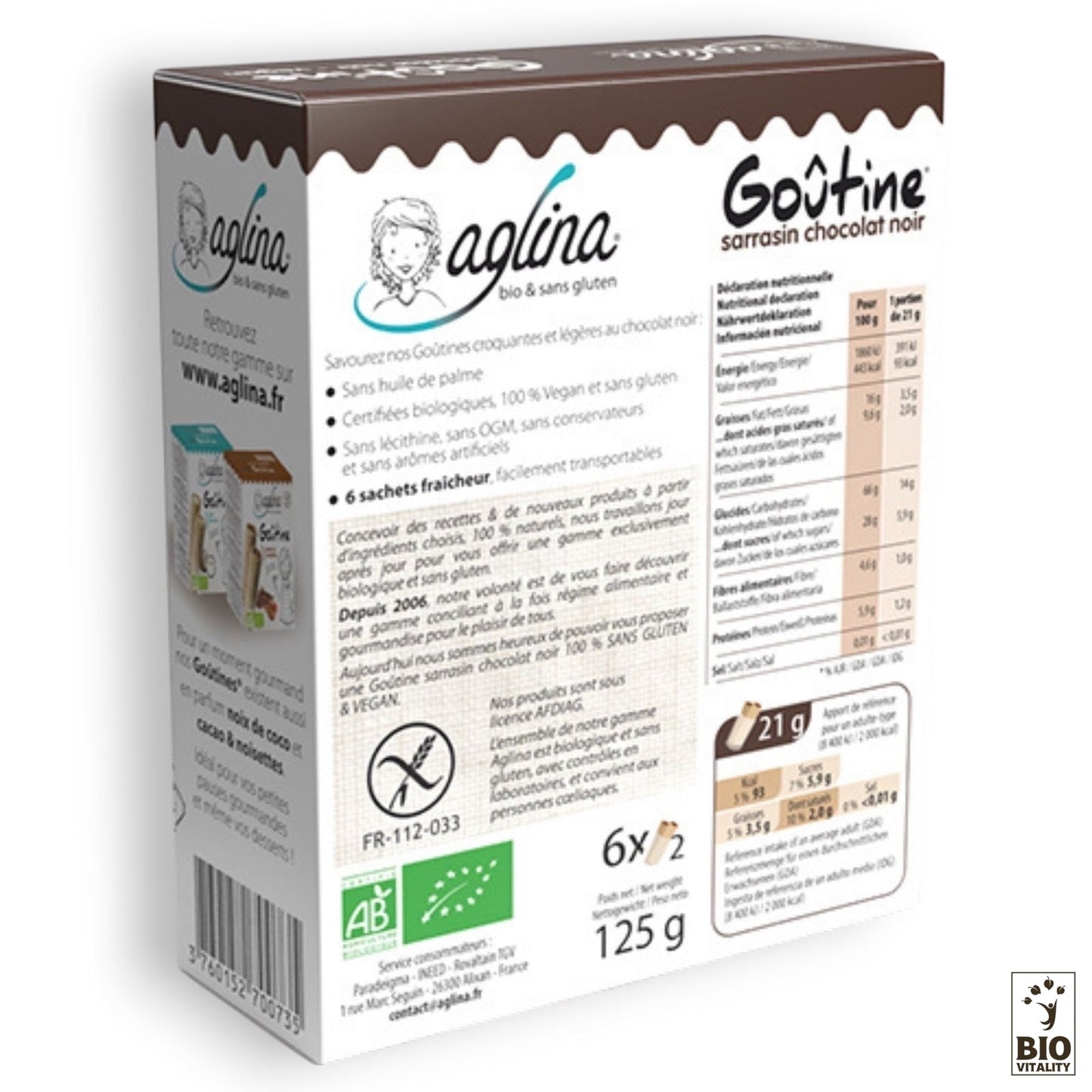 Découvrez le goût délicieux de la boîte de chocolat noir Goûtine Bio dAGLINA - 125 g. La boîte joliment emballée comprend des informations nutritionnelles détaillées, des détails sur la marque, des certifications végétaliennes et biologiques, offrant un plaisir sans culpabilité et également sans gluten.