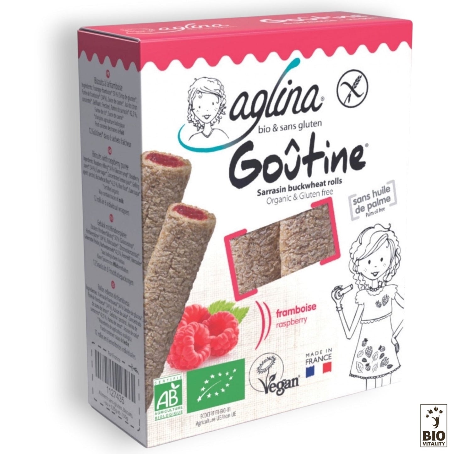 Une boîte dAGLINA Goûtine framboise boîte Bio - 125g propose des petits pains au sarrasin saveur framboise, labellisés bio et vegan, pour une délicieuse collation sans gluten.