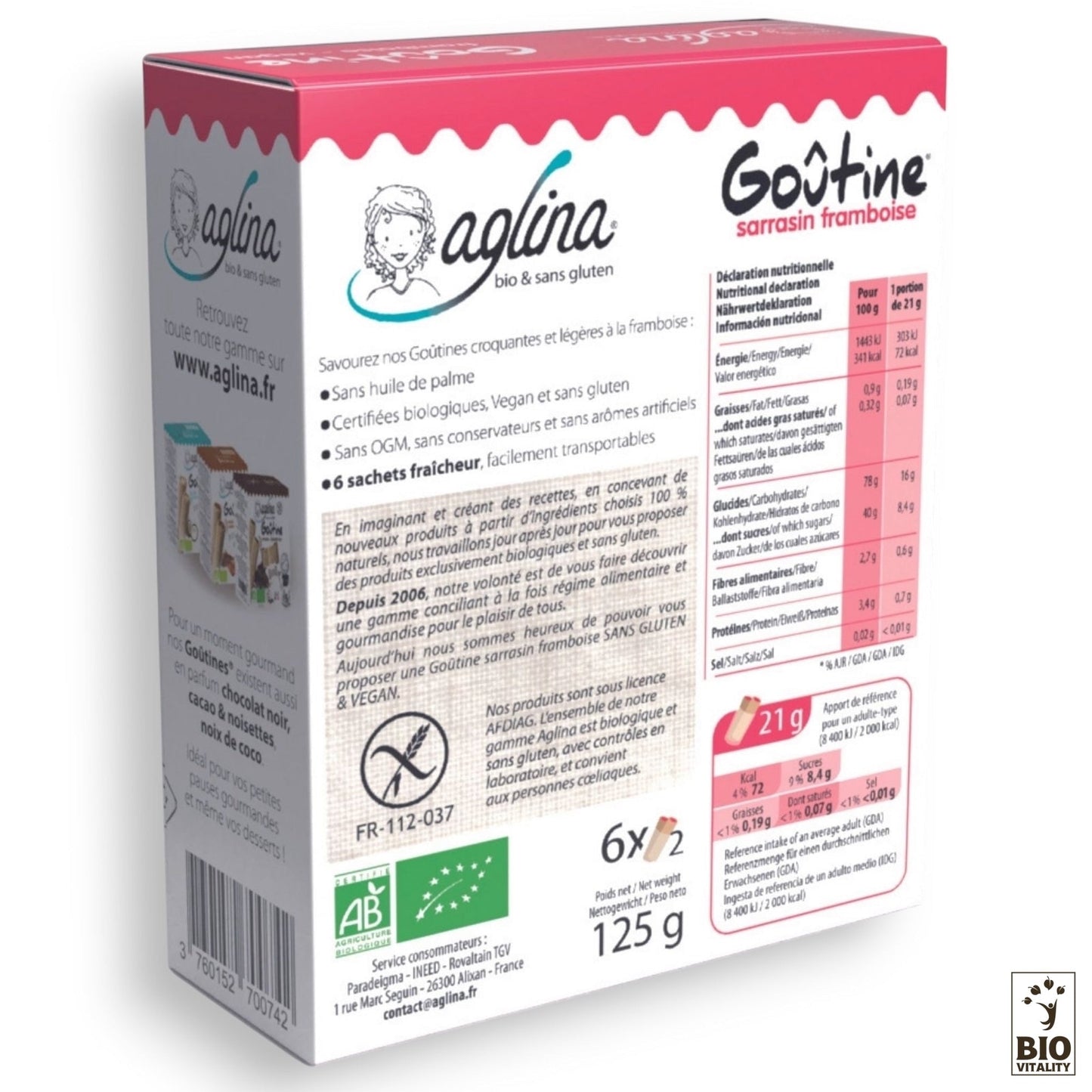 La boîte Goûtine framboise Bio - 125g dAGLINA est une boîte de snacks au sarrasin, sans gluten, biologique, certifiée végétalienne avec texte en français. Elle comprend des informations nutritionnelles et contient six sachets.