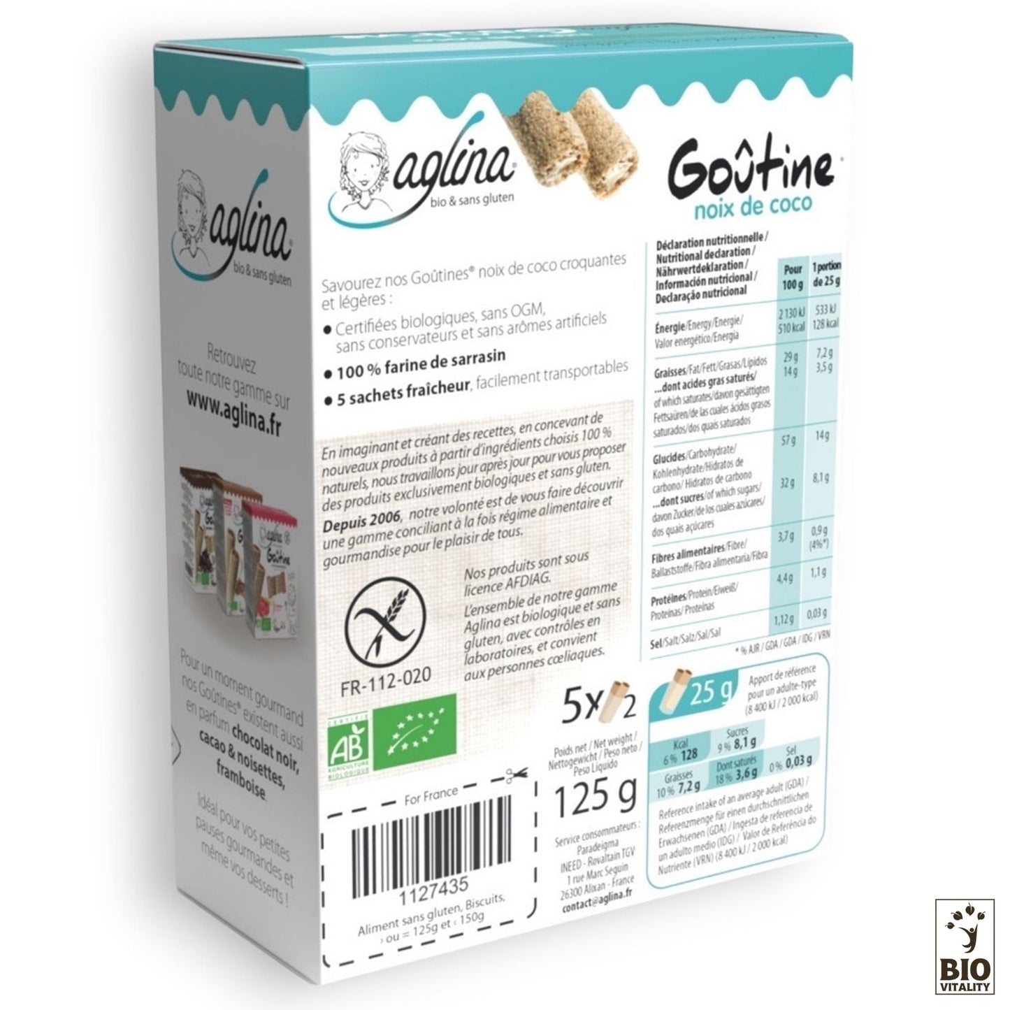 Au dos de la boîte AGLINA Goûtine noix de coco Bio - 125g figurent les informations nutritionnelles et le texte en français. Certifiés biologiques, ces biscuits sans gluten sont fabriqués à partir de farine de sarrasin, ce qui en fait un délicieux en-cas.