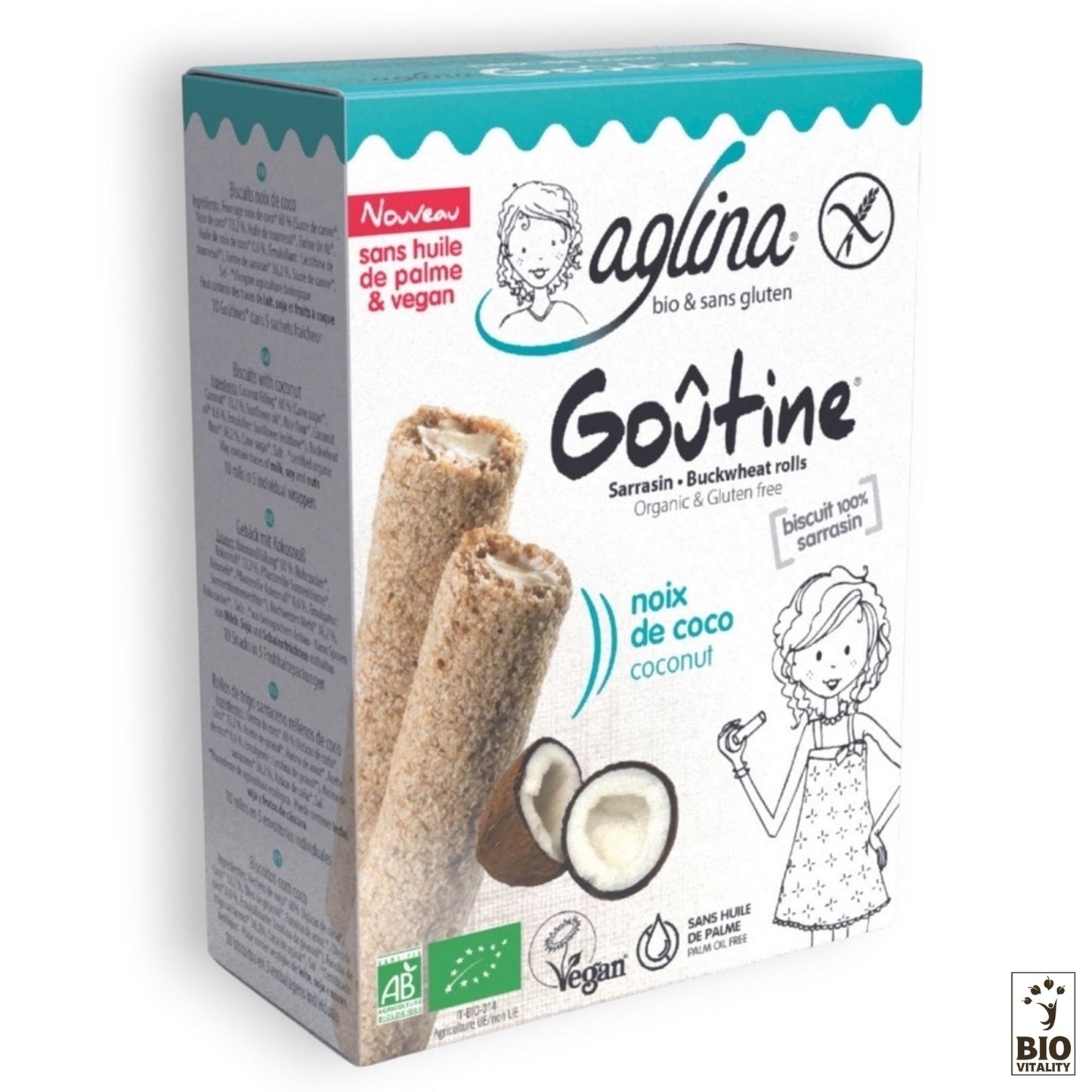 La Goûtine noix de coco Bio - 125g dAGLINA est composée de petits pains de sarrasin bio à la noix de coco. Ces biscuits végétaliens et sans gluten ne contiennent pas dhuile de palme et arborent des labels de pureté avec une image de noix de coco et un personnage fantaisiste sur le devant.