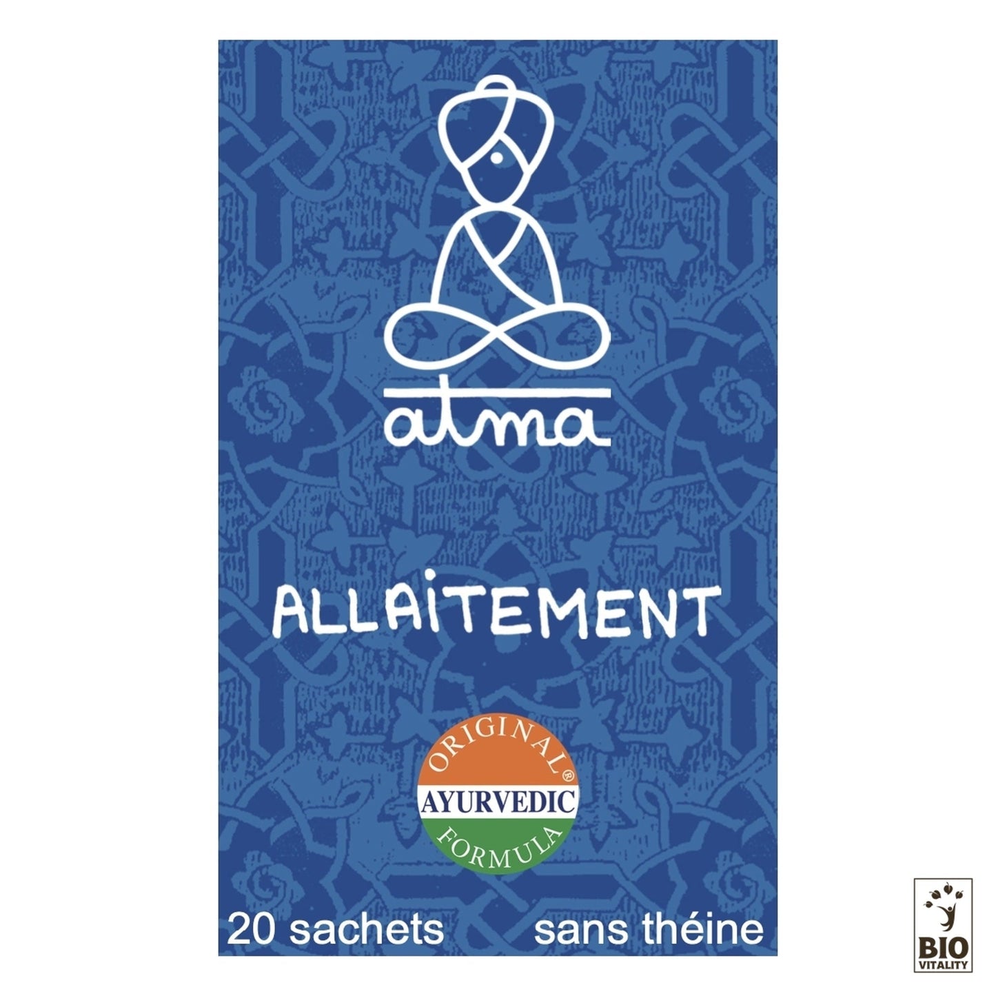 Lemballage bleu, avec le contour blanc dune personne en méditation, porte létiquette « Aditi - Allaitement Bio » dATMA. Les mentions « Formule ayurvédique originale », « 20 sachets » et « sans théine » sont mises en évidence. Fabriqué avec des ingrédients naturels pour soutenir la lactation. Logo Bio Vitality en bas.