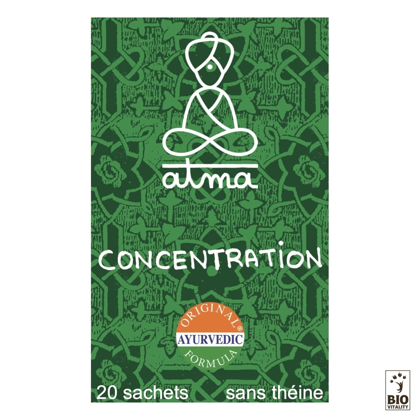 Le thé vert Budhi - Concentration Bio dATMA présente une figure stylisée, le logo « atma » et le texte : « CONCENTRATION », « Formule Ayurvédique Originale avec ingrédients biologiques », « 20 sachets », sans théine », et le logo « BIO Vitality » pour une expérience dinfusion relaxante.