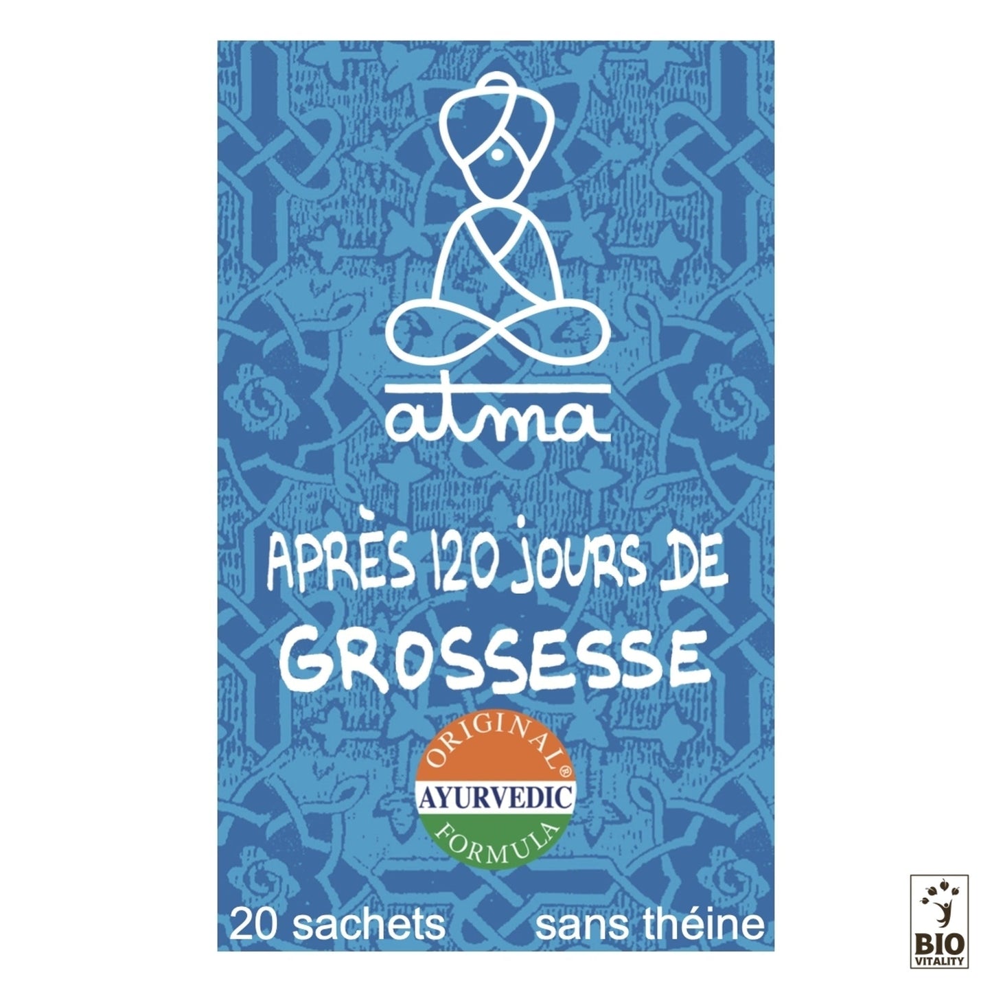 Lemballage bleu de Dauhridaya - 120 jours de grossesse Bio dATMA contient une douce synergie de plantes pour les futures mamans, idéale après 120 jours de grossesse, avec 20 sachets sans caféine.
