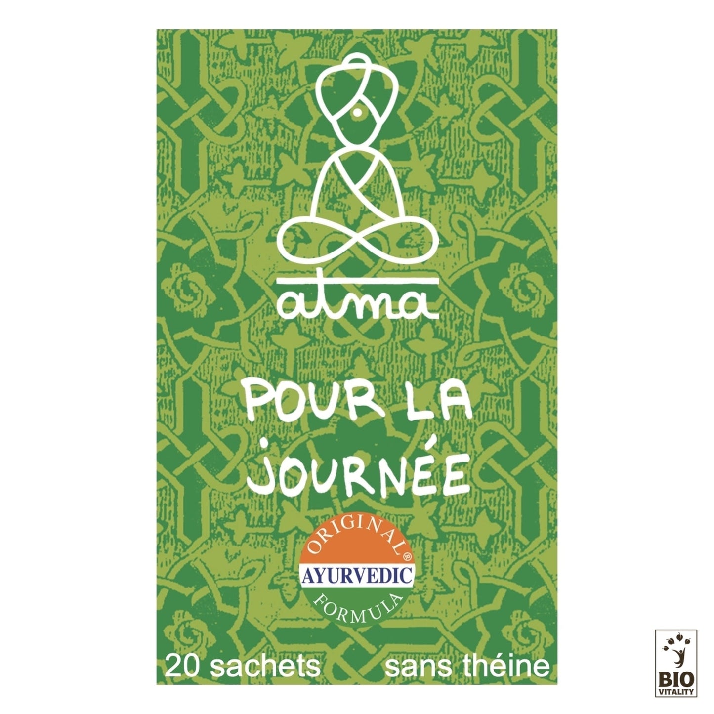 Lemballage est vert, avec un personnage en méditation aux contours blancs et les inscriptions « ATMA Divya - Pour la Journée Bio » et « Formule Ayurvédique Originale ». Il met en valeur « 20 sachets sans théine », enrichis en bienfaits digestifs. Fabriqué à partir dingrédients biologiques, il porte le logo Bio Vitality en bas à droite.