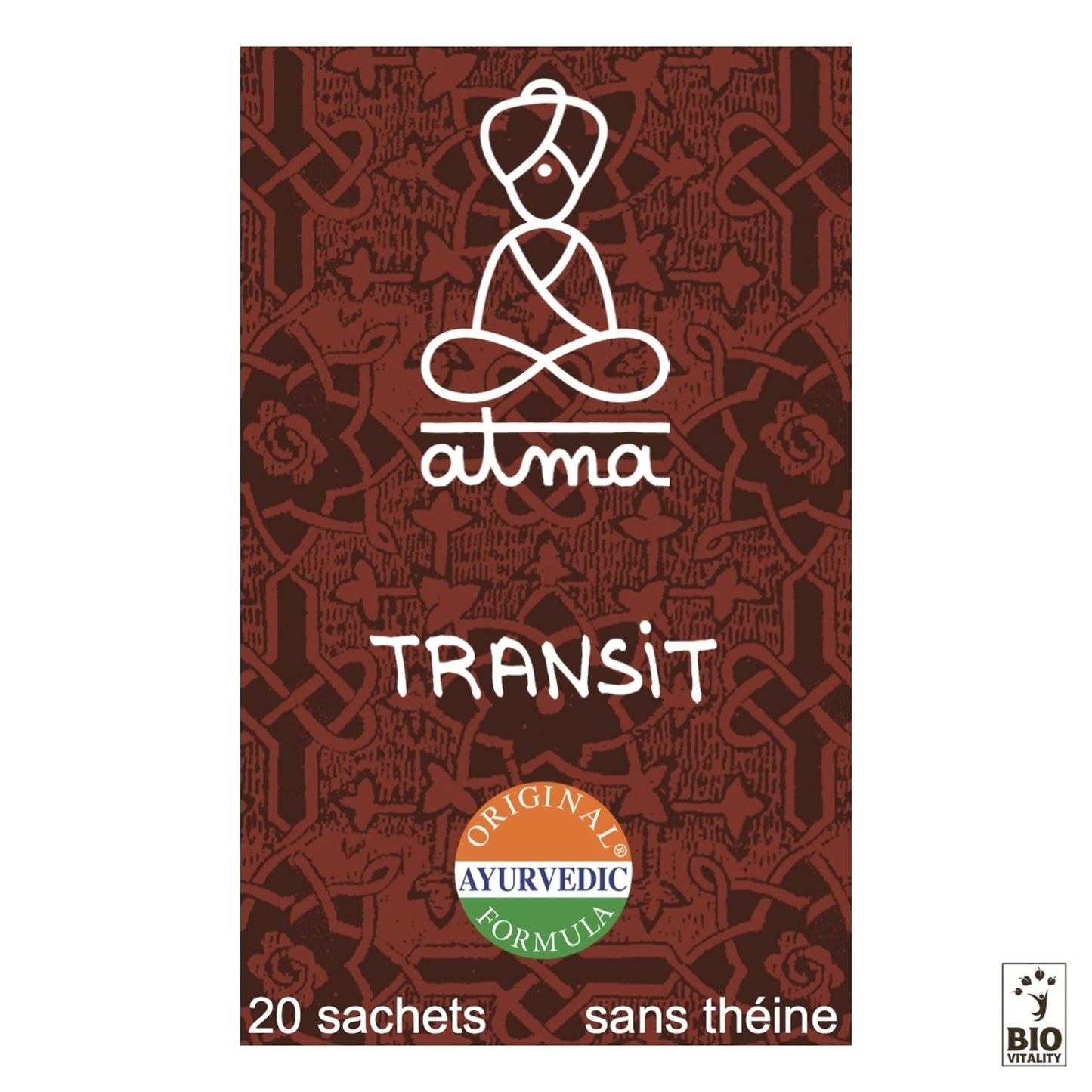 Image de lemballage de la tisane Dravata - Transit Bio par ATMA, présentant une formule ayurvédique originale pour infusion ayurvédique. Comprend 20 sachets et est sans théine - idéal pour soutenir le transit intestinal.