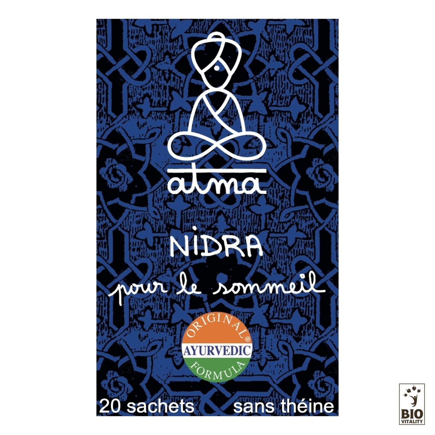 Le thé Nidra - Sommeil Bio dATMA, conditionné avec une figure stylisée en méditation, met en valeur son infusion ayurvédique pour un sommeil profond et réparateur. Sans caféine et contient 20 sachets.