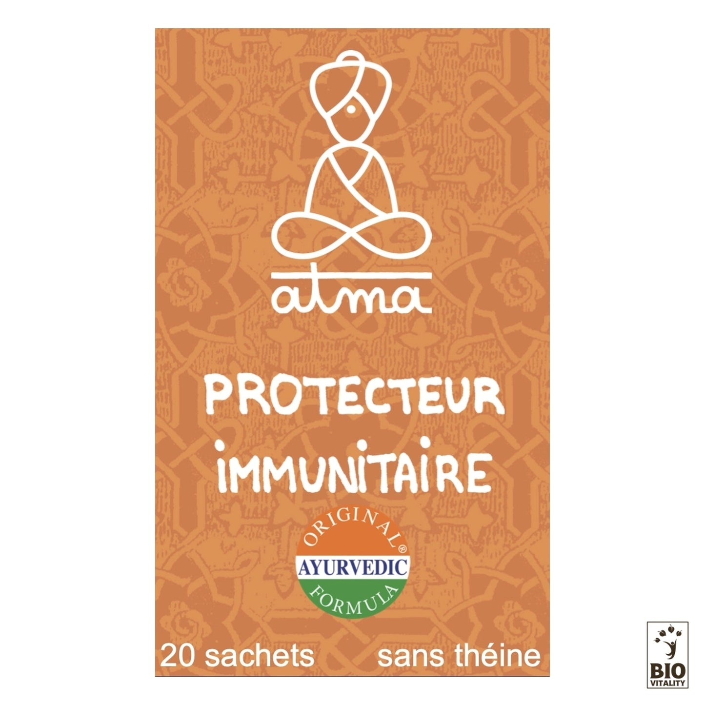 La boîte de thé orange « Pramati - Protecteur Immunitaire Bio » dATMA présente une silhouette stylisée aux jambes croisées. Elle contient 20 sachets dune « Formule Ayurvédique Originale » sans caféine. Le logo Bio Vitality met laccent sur le soutien du système métabolique et immunitaire.
