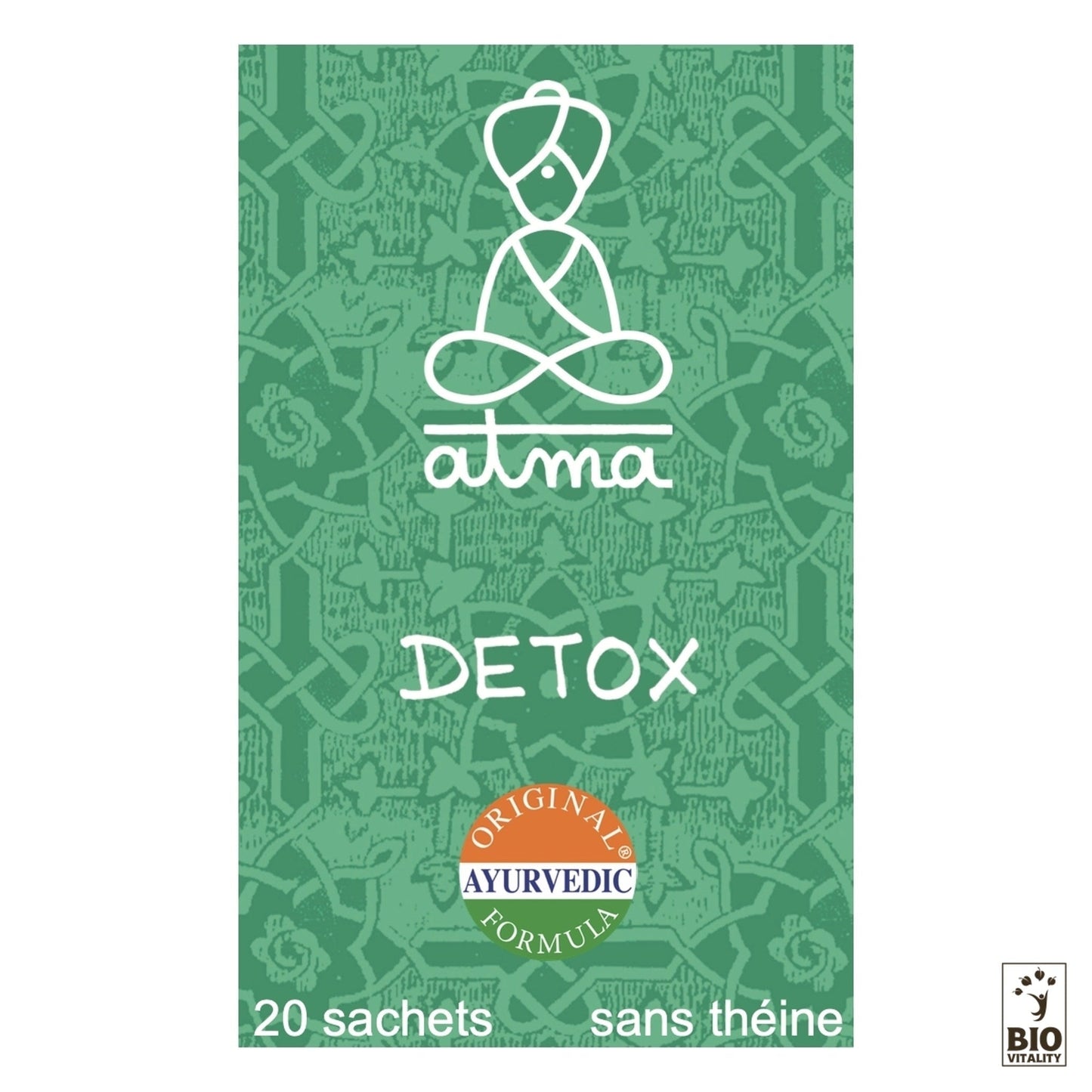 Le coffret de thé Shodhana - Detox Bio dATMA met en scène une figure méditative et met laccent sur la « Formule ayurvédique originale », « 20 sachets » et « sans théine ». Idéal pour une infusion dépurative, il accompagne votre parcours de cure détox.