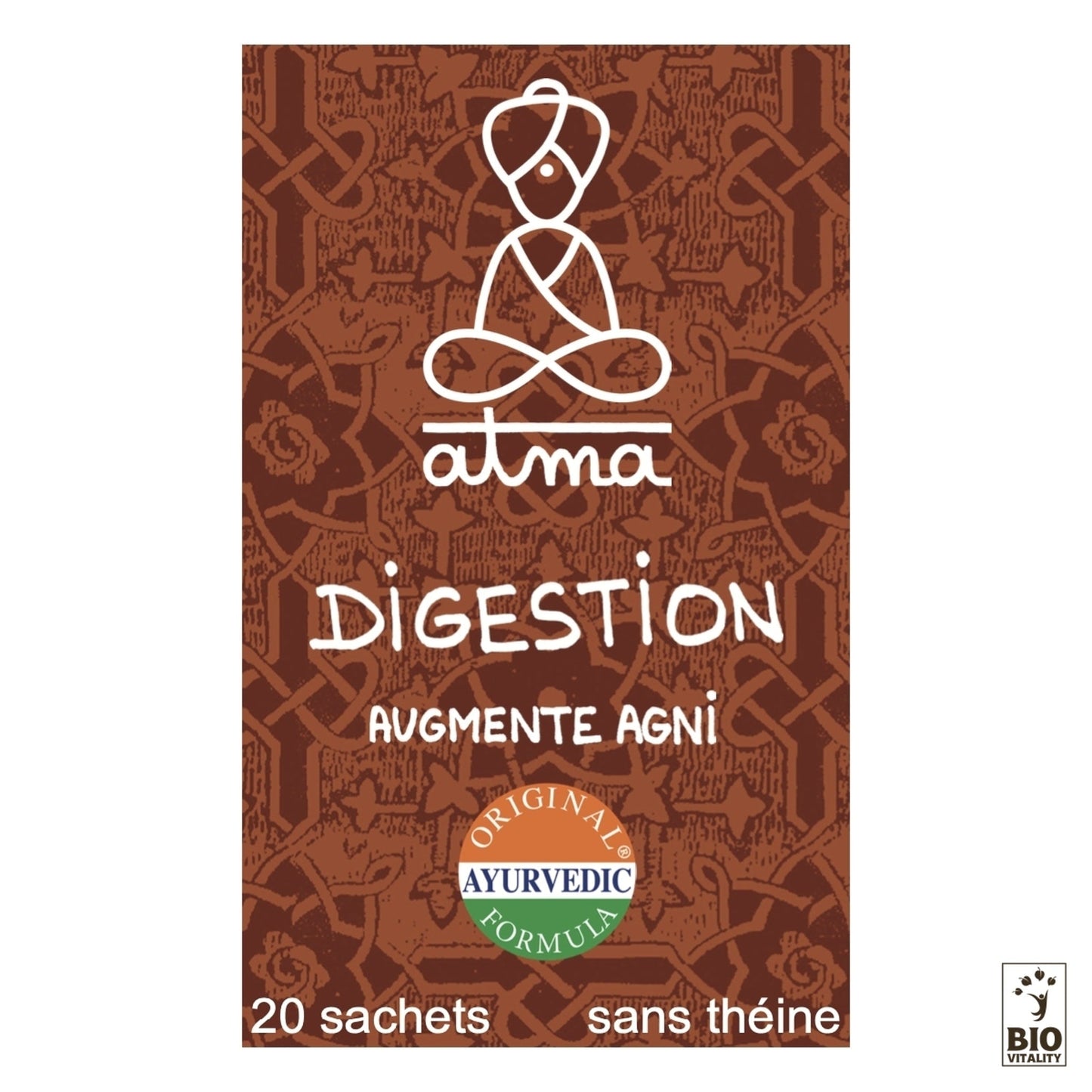 Le thé Tikshnapaka - Digestion Bio dATMA est emballé en marron avec un contour de silhouette de yoga et le texte « Augmente Agni - Formule ayurvédique originale ». Il contient 20 sachets, est sans caféine, comprend le logo Bio Vitality et est conçu pour une digestion optimale à partir dingrédients 100 % biologiques.