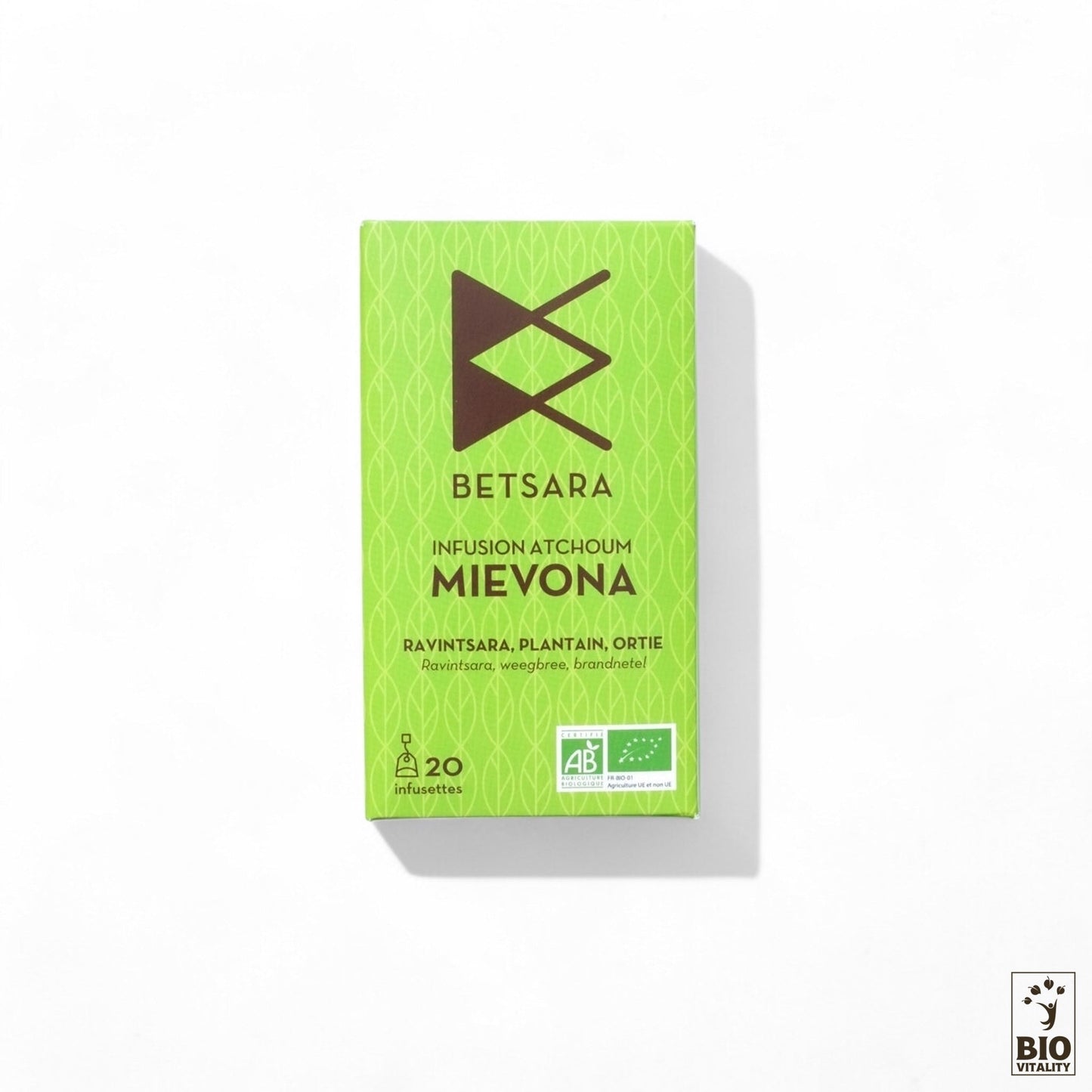 Coffret vert de tisane Linfusion Mievona ou Atchoum Bio de BETSARA, arborant les logos de la certification biologique, contient 20 infusettes pour votre bien-être quotidien.