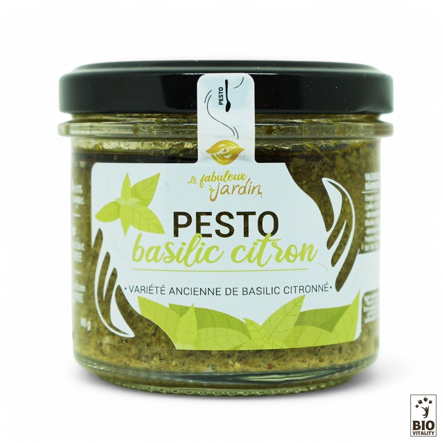 Le Pesto Basilic Citron Bio - 90g, de FABULEUX JARDIN, est doté dune étiquette verte et blanche avec une certification biologique dans le coin inférieur droit. Il est idéal pour ceux qui valorisent la permaculture et les principes biodynamiques.