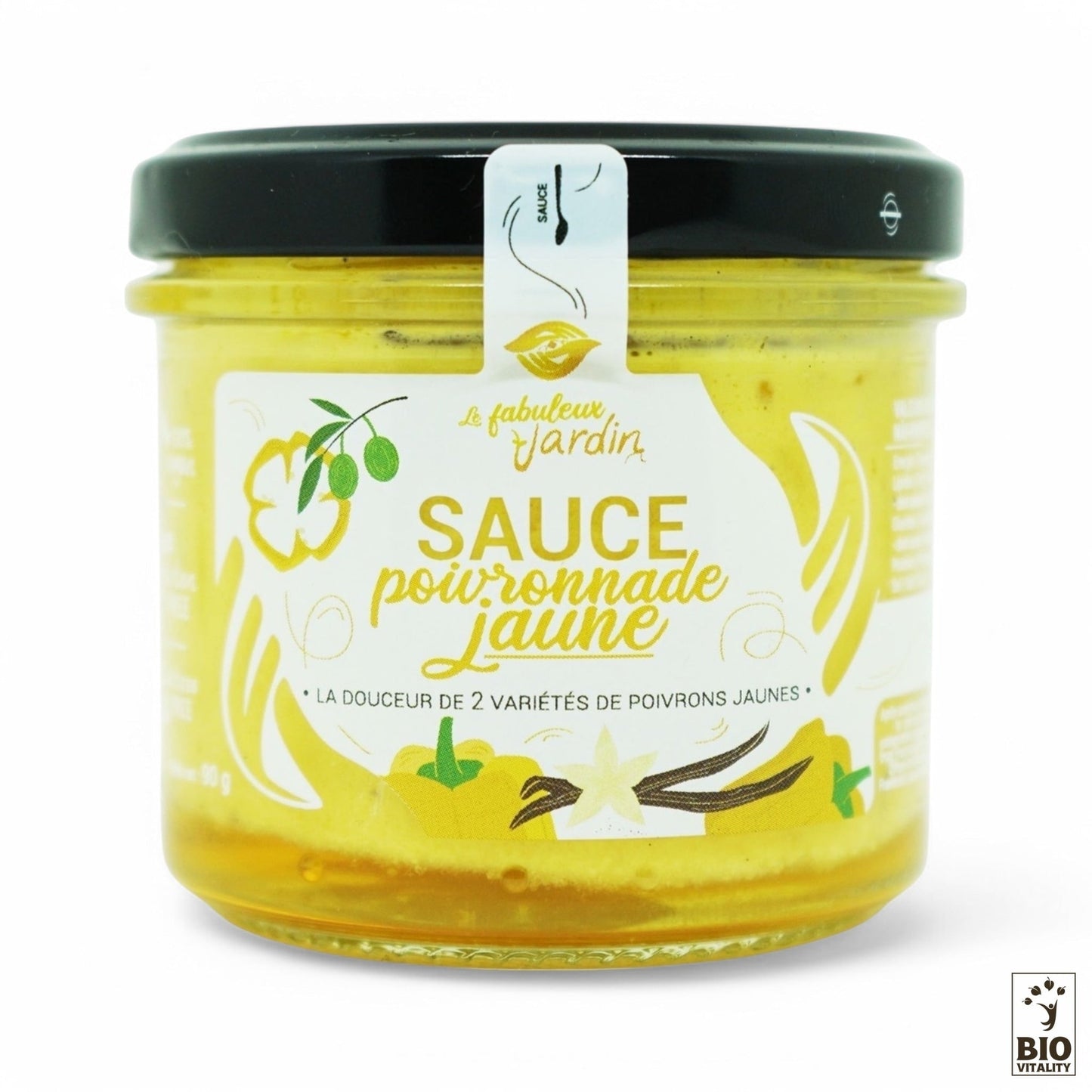 La Sauce Poivronnade Jaune Bio - 90g de FABULEUX JARDIN, élaborée selon des méthodes biodynamiques, est dotée dun graphisme décoratif et dun élégant couvercle noir.