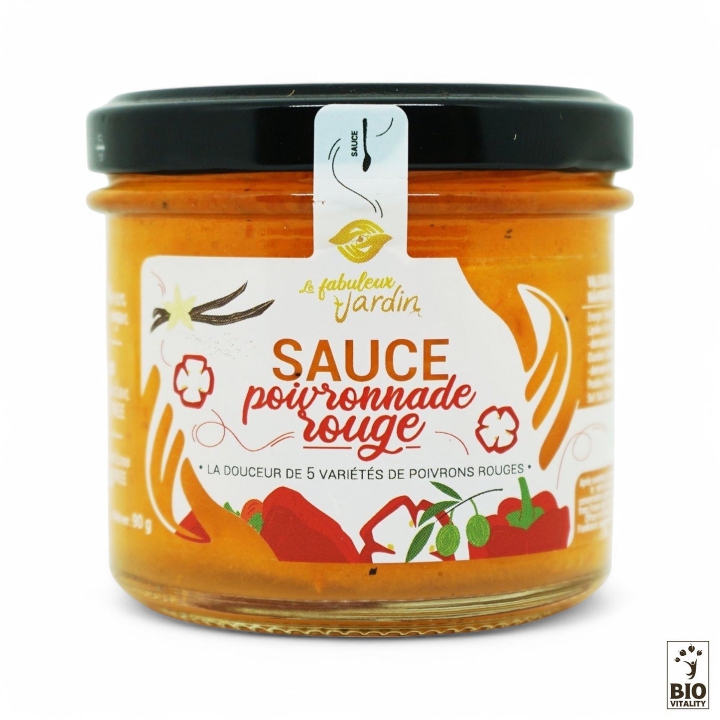 La Sauce Poivronnade Rouge Bio de 90 g de FABULEUX JARDIN présente des images vibrantes de poivrons rouges et le symbole Bio Vitalité sur fond blanc, célébrant la saveur classique des poivrons anciens, élaborée en harmonie avec les principes de la permaculture.