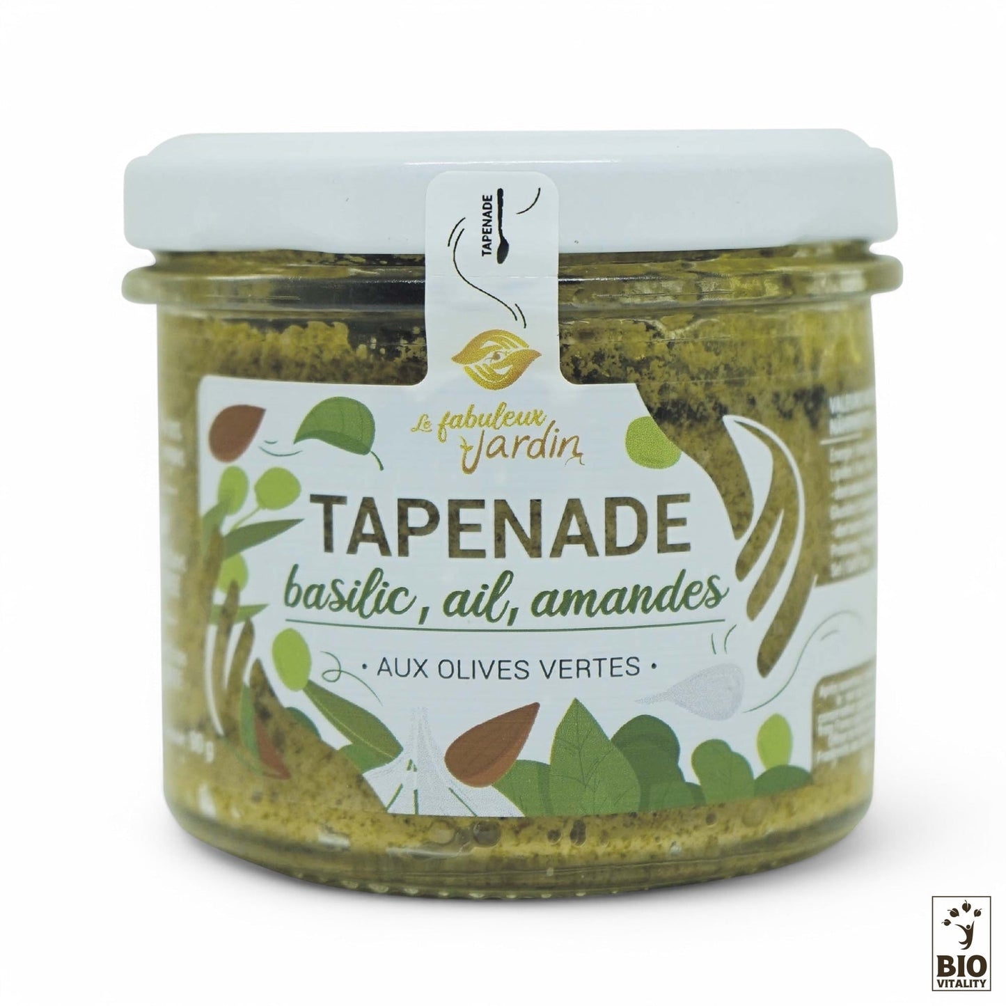 Un pot de 90g de Tapenade Olive Verte de FABULEUX JARDIN, étiqueté basilic, ail, amandes avec des feuilles décoratives sur lemballage. Fabriqué avec des ingrédients biologiques.