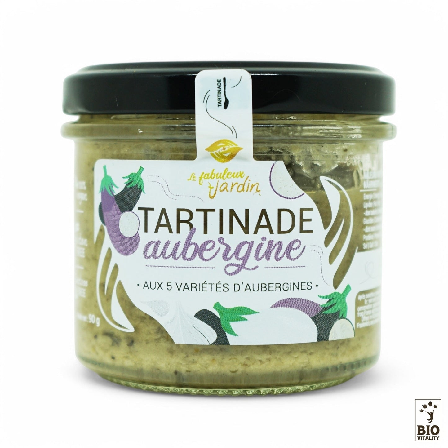 Pot de Tartinade Aubergines Bio FABULEUX JARDIN - 90g aux charmantes illustrations daubergines, disponible en cinq variétés 100% biologiques, artisanales, vegan et sans gluten.