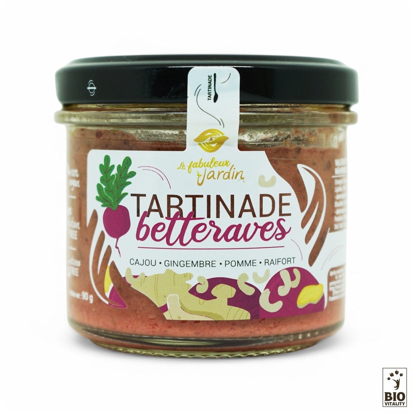 Savourez la tartinade Betteraves Bio FABULEUX JARDIN, végétalienne et sans gluten, à base de noix de cajou, de gingembre, de pomme et de raifort. Certifiée BIO Vitalité et pesant 90 g avec un couvercle noir. Soutenez la permaculture et la biodynamie pour une gourmandise durable.
