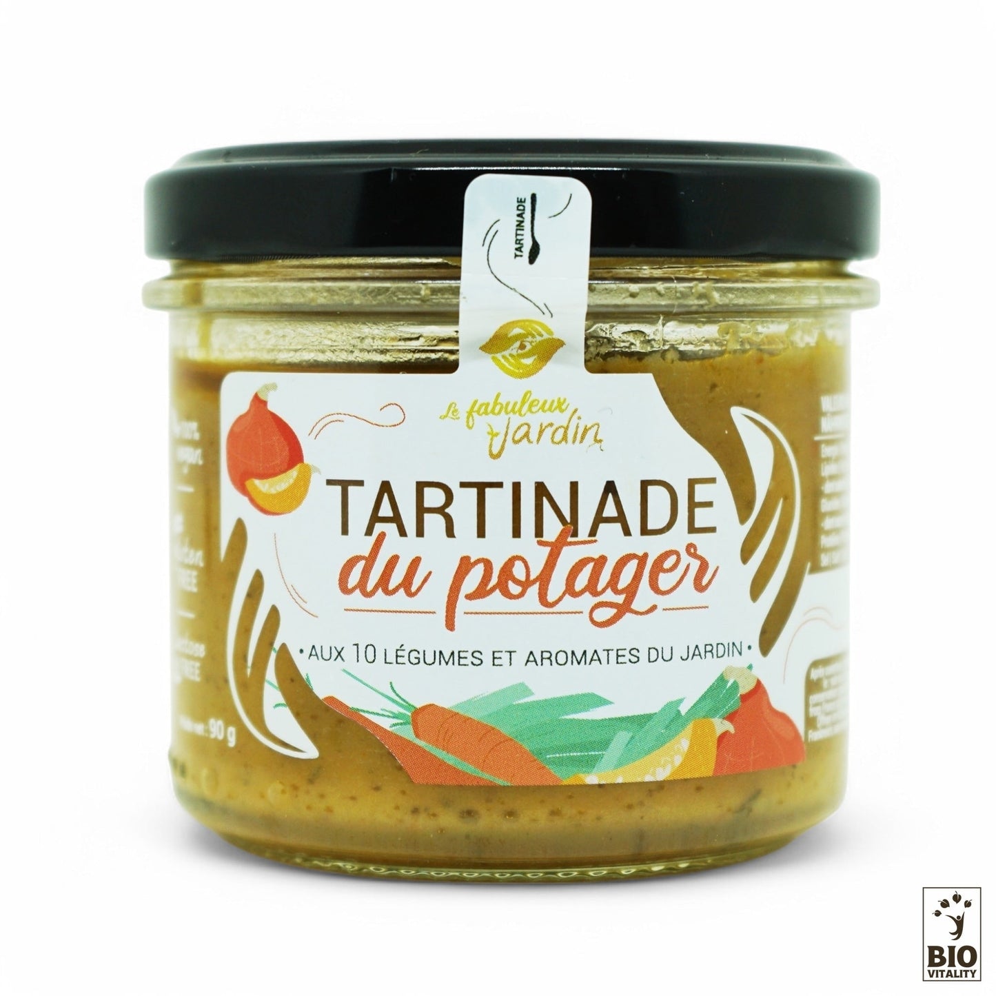 La Tartinade du Potager Bio de 90 g de FABULEUX JARDIN, surmontée dun couvercle noir, présente des illustrations végétales éclatantes. Cette pâte à tartiner vegan incarne la permaculture et met en valeur le label « Bio » dans le coin inférieur droit.