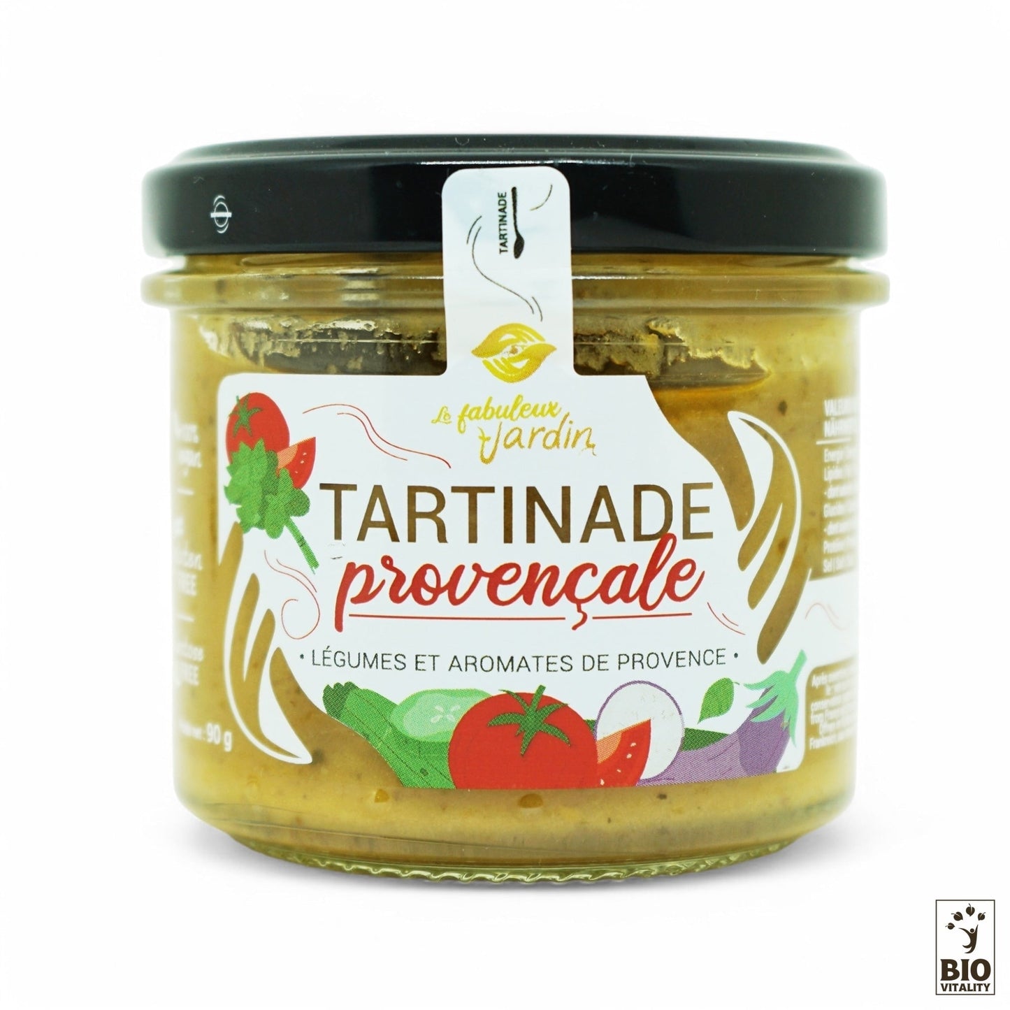 Le FABULEUX JARDIN Tartinade Provençale Bio - pot 90g met en valeur des illustrations colorées de légumes et dherbes aromatiques, à limage des jardins méditerranéens. Le logo Bio Vitality souligne ses origines en permaculture durable.