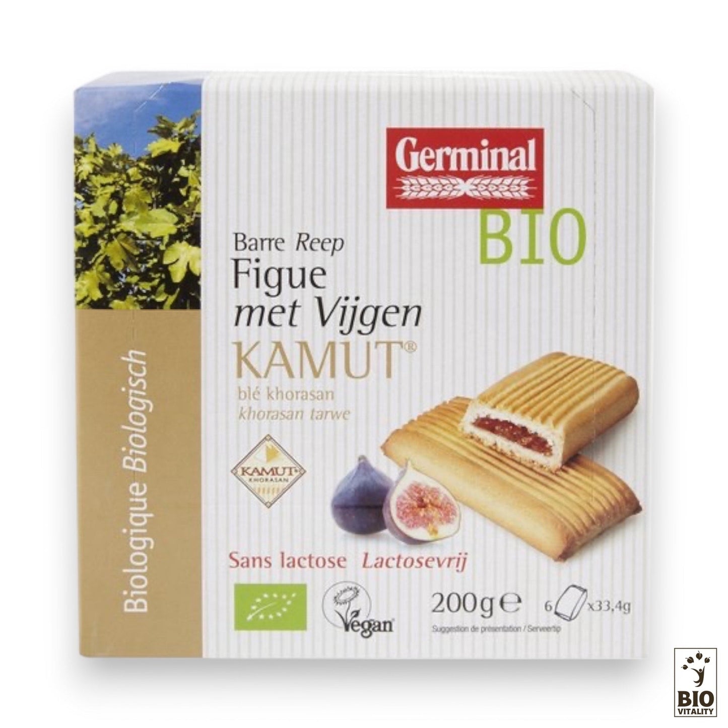 Les Barettes Figues 6x Bio - 200g de GERMINAL sont fabriquées à partir de farine de blé khorasan KAMUT®. La boîte présente des images de figues et de blé, ainsi que des étiquettes vegan et sans lactose, idéales pour une collation saine.