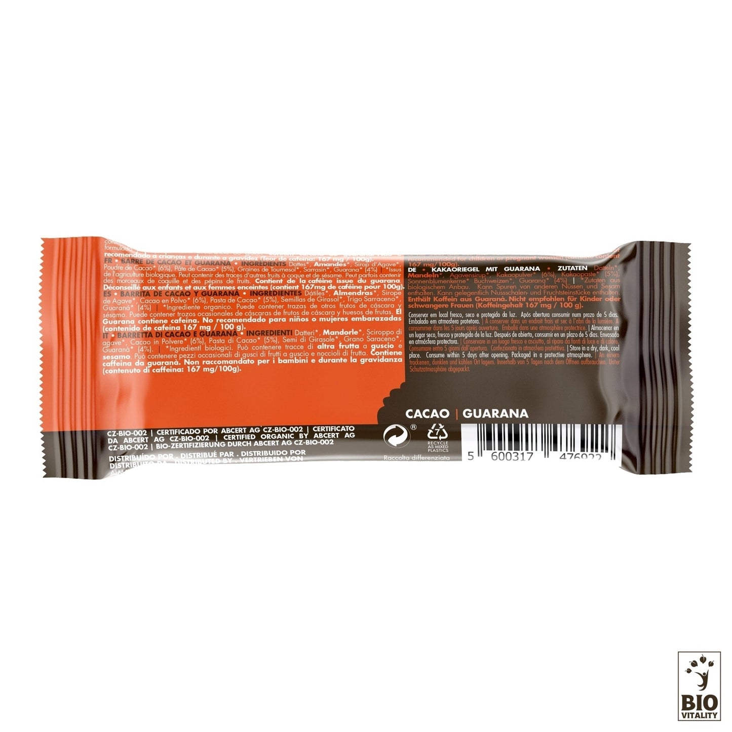 La vue arrière de la Buddha Energy Bar Cacao & Guarana Bio - 35g dISWARI, dotée dun emballage orange et noir, affiche du texte et un code-barres sur fond blanc, soulignant ses « barres énergétiques » avec vitamines et minéraux.