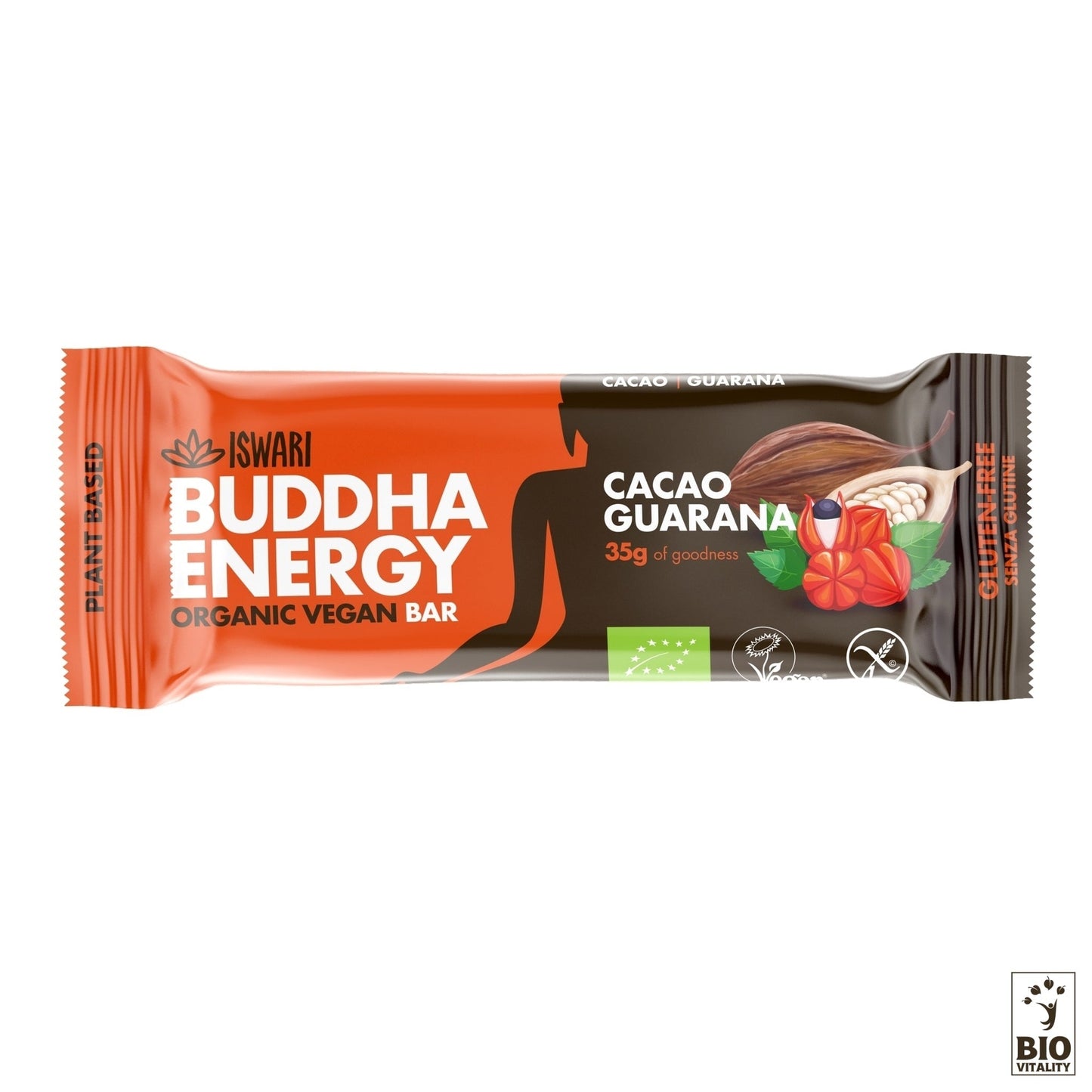 Lemballage de la barre énergétique ISWARI Buddha Energy Bar Cacao & Guarana Bio (35 g) présente des icônes visuelles de cacao et de noix, est étiqueté comme « barres énergétiques », sans gluten, biologique et végétalien, offrant un coup de pouce sain avec tous les ingrédients dorigine végétale.