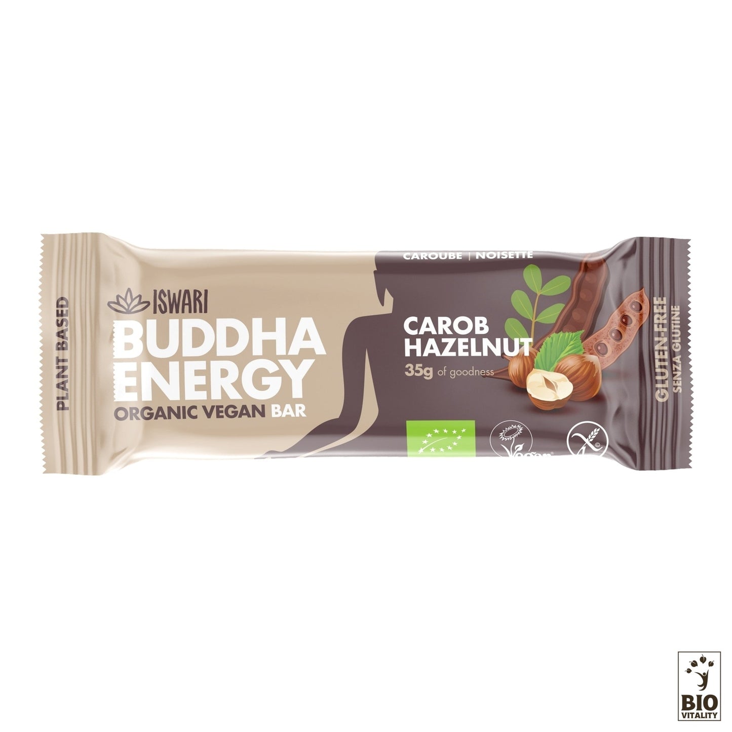 La Buddha Energy Bar Caroube Noisettes Bio dISWARI présente un emballage présentant des images vibrantes de noisettes et de caroubes, étiquetées végétaliennes avec des icônes dorigine végétale et sans gluten, ce qui la rend idéale pour les régimes végétaliens à la recherche de barres énergétiques nutritives.