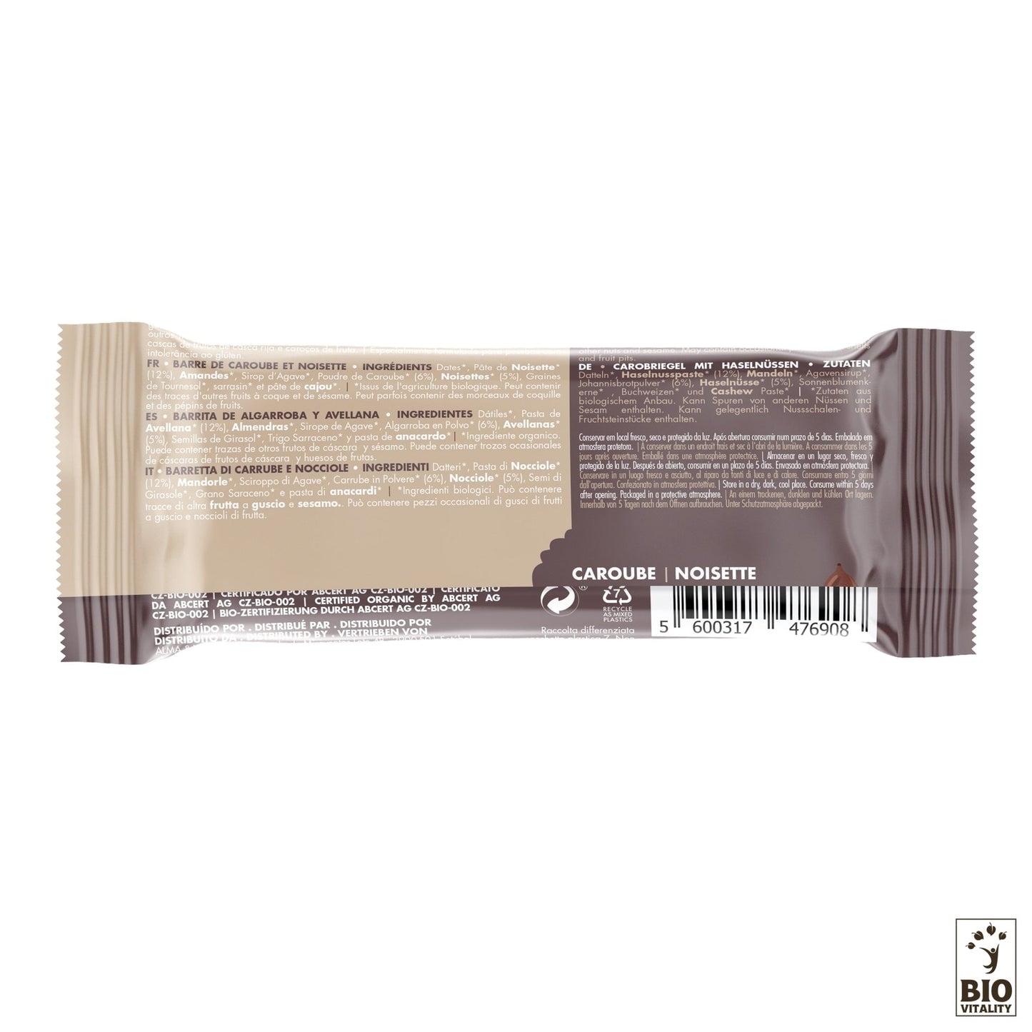 La barre énergétique Buddha Energy Bar Caroube Noisettes Bio - 35g dISWARI présente une liste dingrédients multilingue, un code-barres et le logo Bio Agri Cert sur lemballage, soulignant son contenu à base de plantes et son adéquation aux régimes végétaliens.