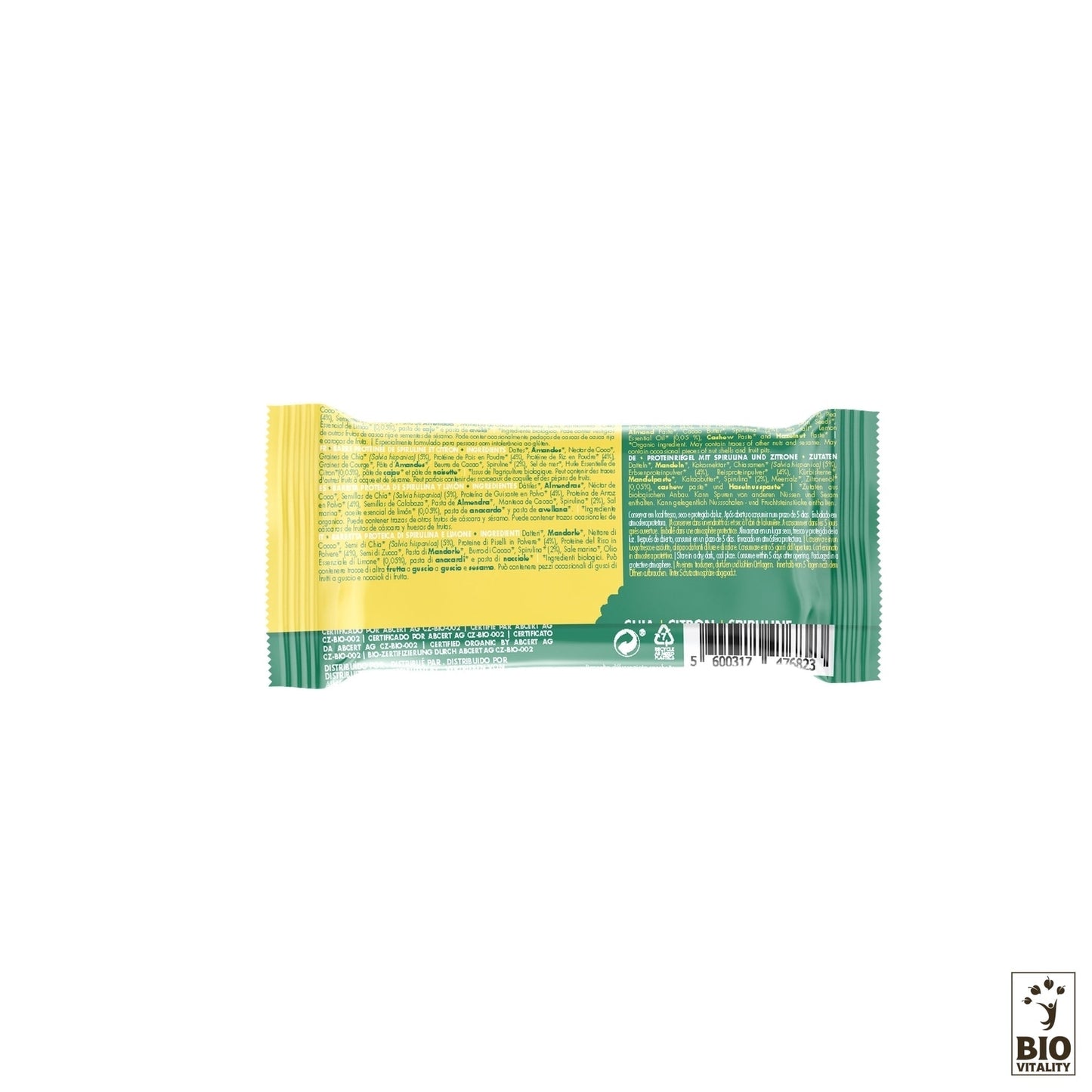 Le dos de la Buddha Protein Bar Chia Citron Spiruline Bio (47g) dISWARI présente un emballage vert et jaune avec du texte, un code-barres et des symboles de certification. Il promeut une « nutrition saine » et saligne sur les normes végétaliennes et naturelles pour les consommateurs soucieux de lenvironnement.