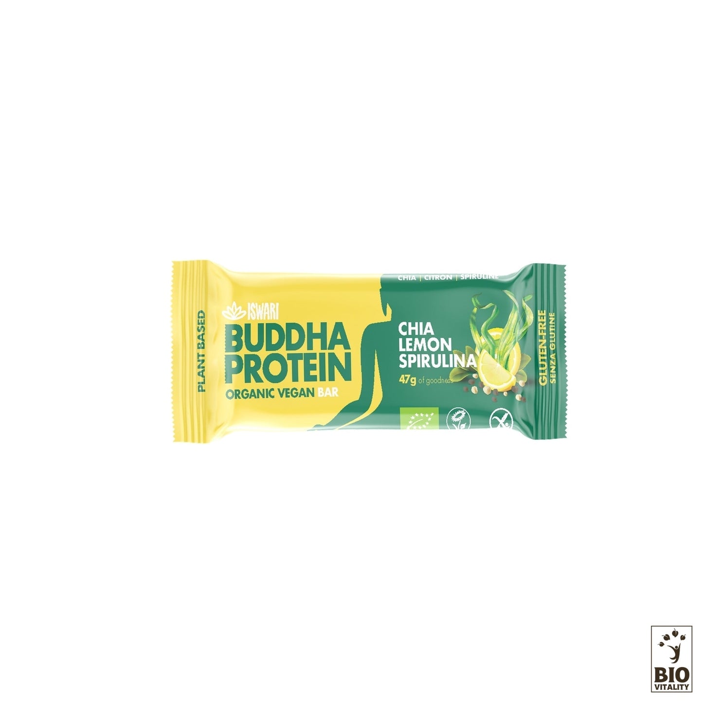 Un emballage jaune et vert étiqueté « Buddha Protein Bar Chia Citron Spiruline Bio - 47g » par ISWARI est représenté. Il met en valeur les sceaux à base de plantes et biologiques, avec des illustrations vivantes de chia, de citron et de spiruline représentant une éthique végétalienne et naturelle pour une nutrition saine.