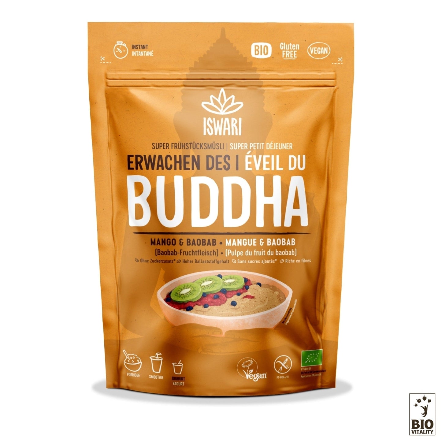 Une pochette beige du mélange petit-déjeuner Éveil du Bouddha Mangue & Baobab Bio dISWARI, riche en nutriments et contenant des icônes végétaliennes, sans gluten et biologiques pour faciliter la digestion.