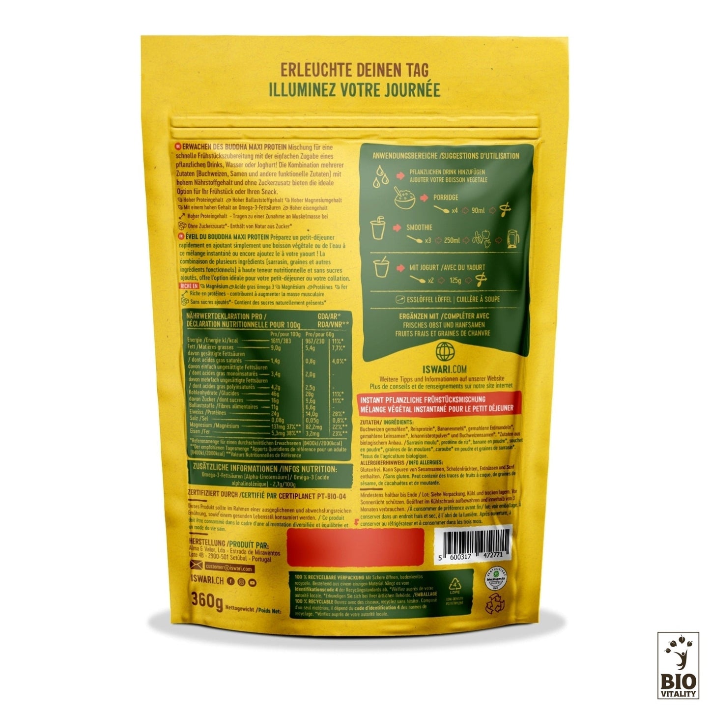 Le dos de la pochette Maxi Protéines Bio Éveil du Bouddha jaune et verte dISWARI affiche un texte bilingue sur la nutrition équilibrée, les instructions de préparation et un logo « Bio Vitalité » dans le coin inférieur droit. Découvrez-la pour un début de journée optimal.