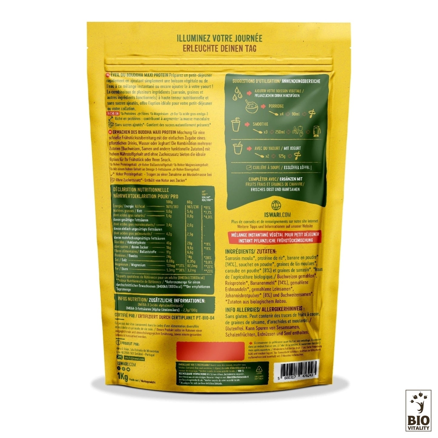 Un sachet jaune et vert pour les Maxi Protéines Bio Éveil du Bouddha dISWARI se déplie pour révéler les informations sur le produit et les détails nutritionnels pour une alimentation équilibrée. Les instructions de préparation sont présentées avec élégance, avec le logo Bio Vitalität dans le coin inférieur droit, indiquant le mélange à lintérieur.