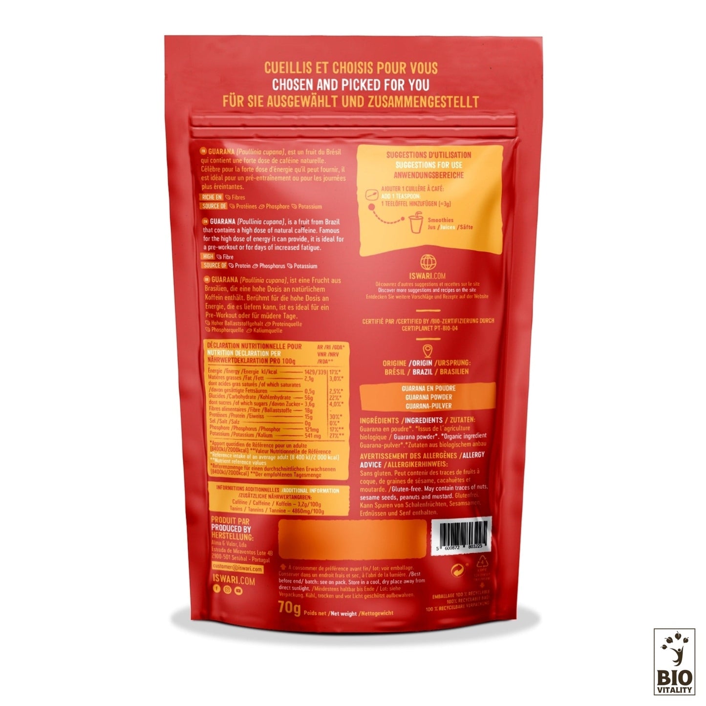 La vue arrière du paquet de Guarana en Poudre Bio ISWARI - 70g affiche létiquette, les informations nutritionnelles, le code-barres, le logo de la marque et les conseils sur les allergies en français, anglais et allemand. Il fournit un boost naturel de caféine et une énergie durable.