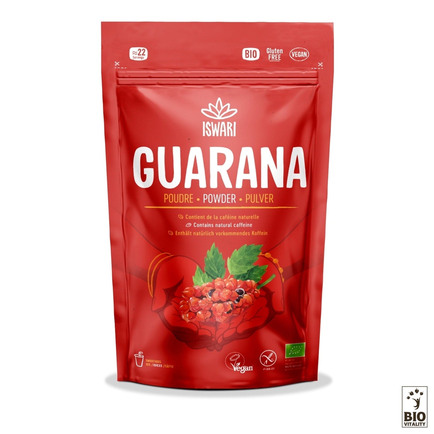 Le sac rouge de 70 g dISWARI Guarana en Poudre Bio affiche des illustrations de baies et des étiquettes qui le marquent comme biologique, sans gluten et végétalien, offrant de la caféine naturelle pour une énergie durable.