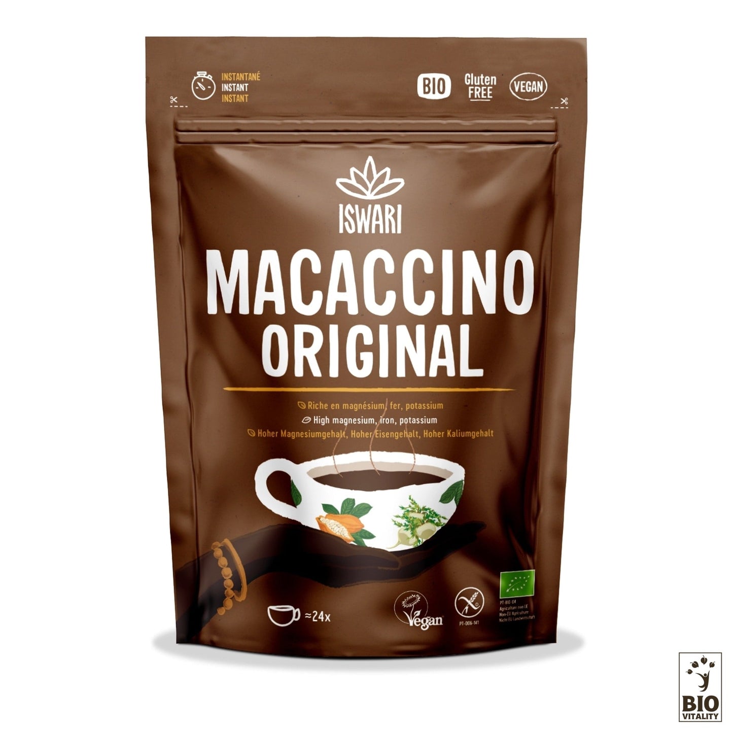 Lemballage du Macaccino Original avec Reishi Bio - 250g dISWARI présente une illustration de tasse blanche et des étiquettes qui soulignent ses attributs végétaliens et sans gluten, avec une infusion de cacao et de maca. Chaque paquet offre 24 portions enrichies des bienfaits du Reishi Bio.