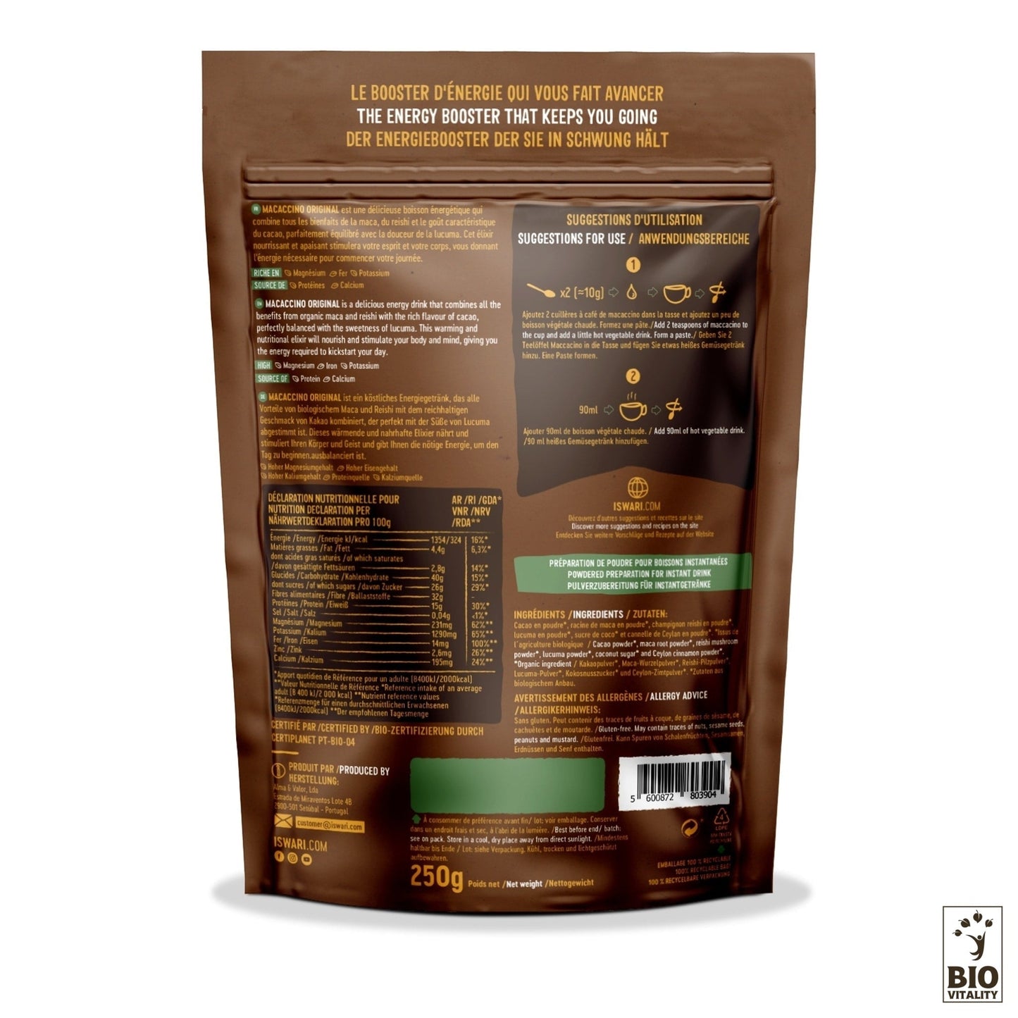 Le dos du paquet de Macaccino Original avec Reishi Bio 250g dISWARI, en marron et beige, présente des ingrédients multilingues, des informations nutritionnelles et des conseils dutilisation. Le logo BioVitality est visible dans le coin, mettant en valeur son mélange Macaccino avec cacao et maca pour la vitalité.