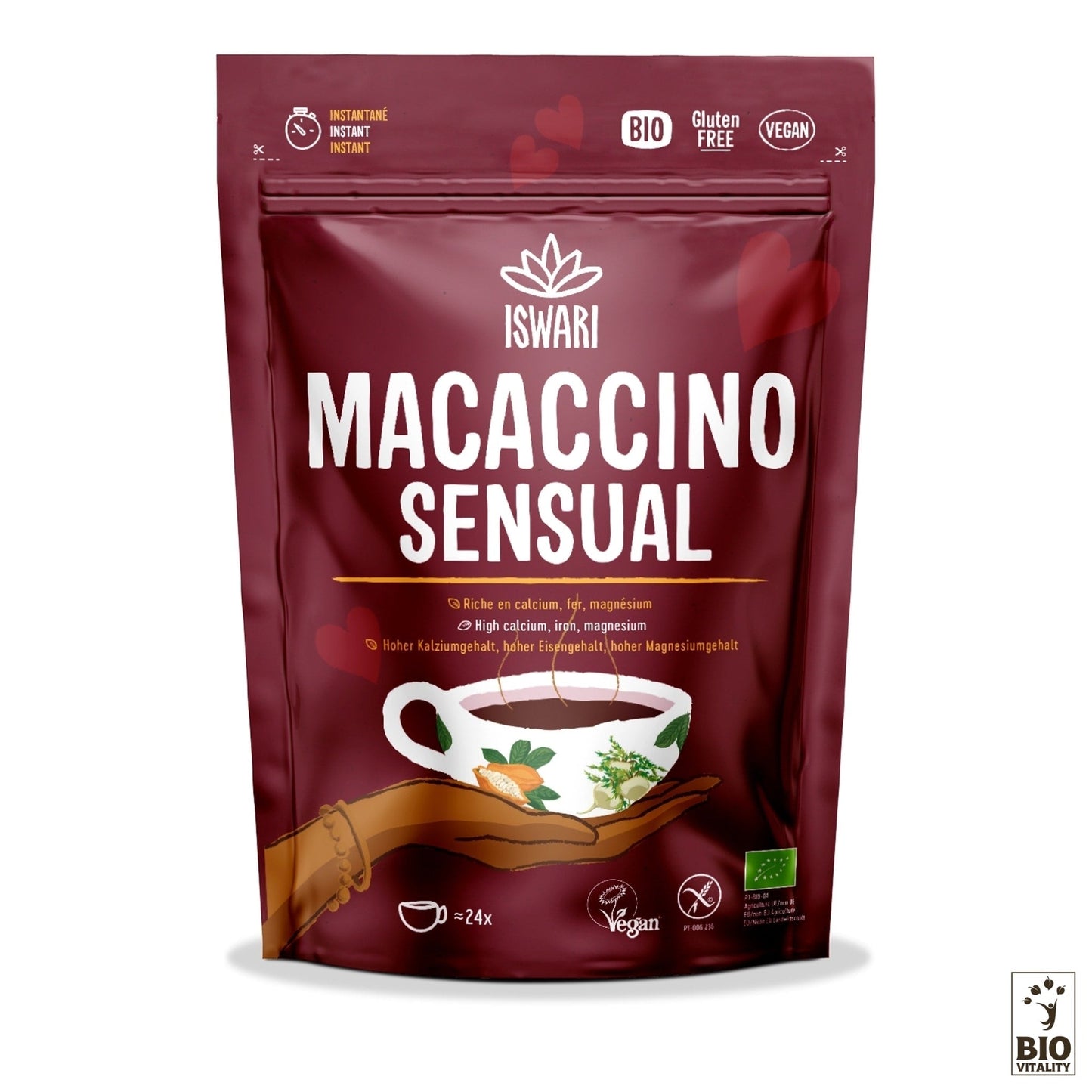 Le Macaccino Sensual Bio dIswari - 250 g est présenté dans un emballage rouge vif orné dune tasse blanche et de feuilles décoratives. Il est riche en nutriments, végétalien, sans gluten et regorge de calcium, de fer et de magnésium.