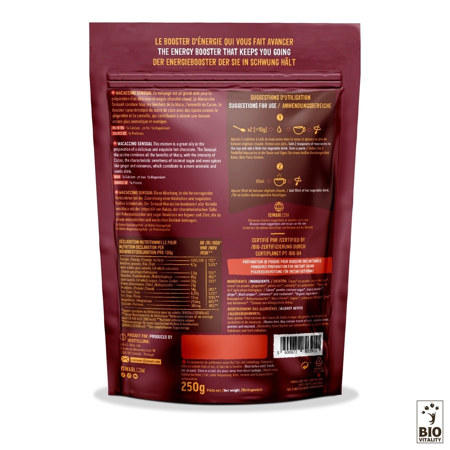 Le dos de lemballage Macaccino Sensual Bio dISWARI présente des nutriments riches avec un texte multilingue et des informations nutritionnelles. Il suggère un délicieux mélange dépices. Létiquette de 250 g et le logo Bio Vitality se trouvent dans le coin inférieur droit.