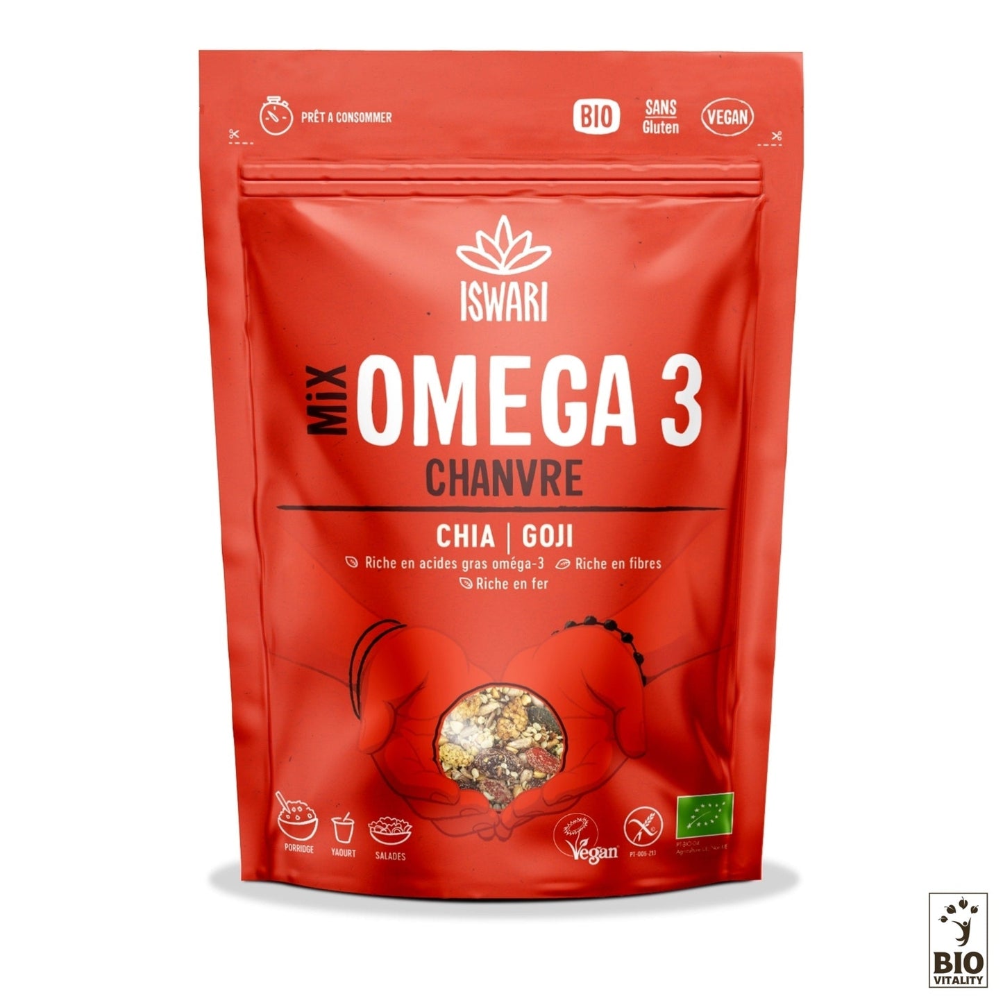 Le mélange de graines de chia et de goji bio dISWARI, Omega 3 Chanvre - 200 g, est emballé dans un emballage rouge avec du chia, du goji et du chanvre. Ce mélange végétalien, biologique et sans gluten est riche en acides gras oméga-3, en fibres et en fer et comprend létiquette Bio Vitality en bas à droite.