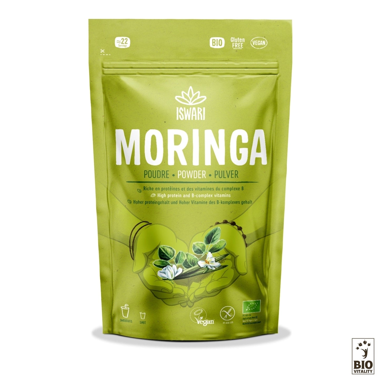 Lemballage vert du Moringa en poudre Bio dISWARI, étiqueté biologique, sans gluten et végétalien, présente une illustration de mains tenant les feuilles de moringa du célèbre « arbre miracle ».