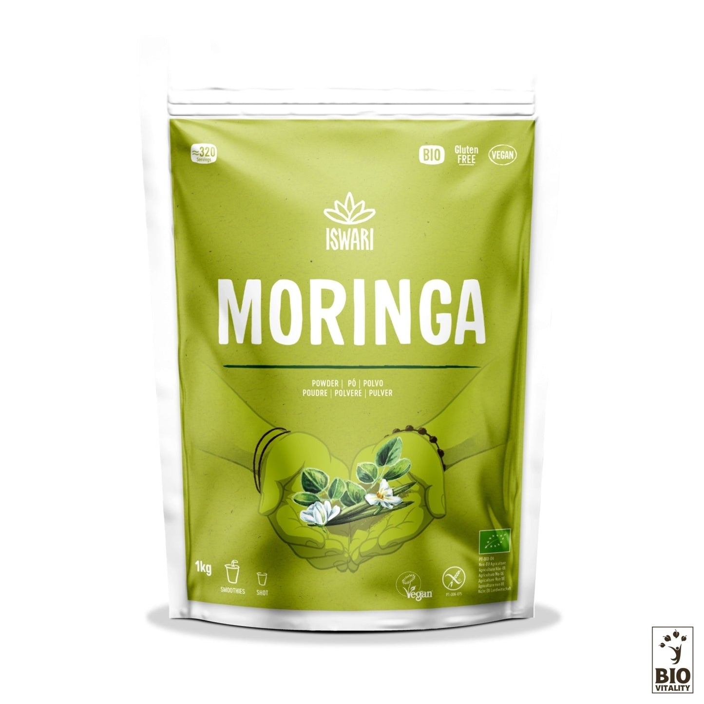 Le Moringa en poudre Bio dIswari, disponible dans un emballage vert et blanc (de 125 g à 1 kg), présente des illustrations éclatantes de feuilles et de fleurs de moringa. Présenté comme un super-aliment et un « arbre miracle », lemballage met laccent sur ses qualités bio, sans gluten et végétaliennes.