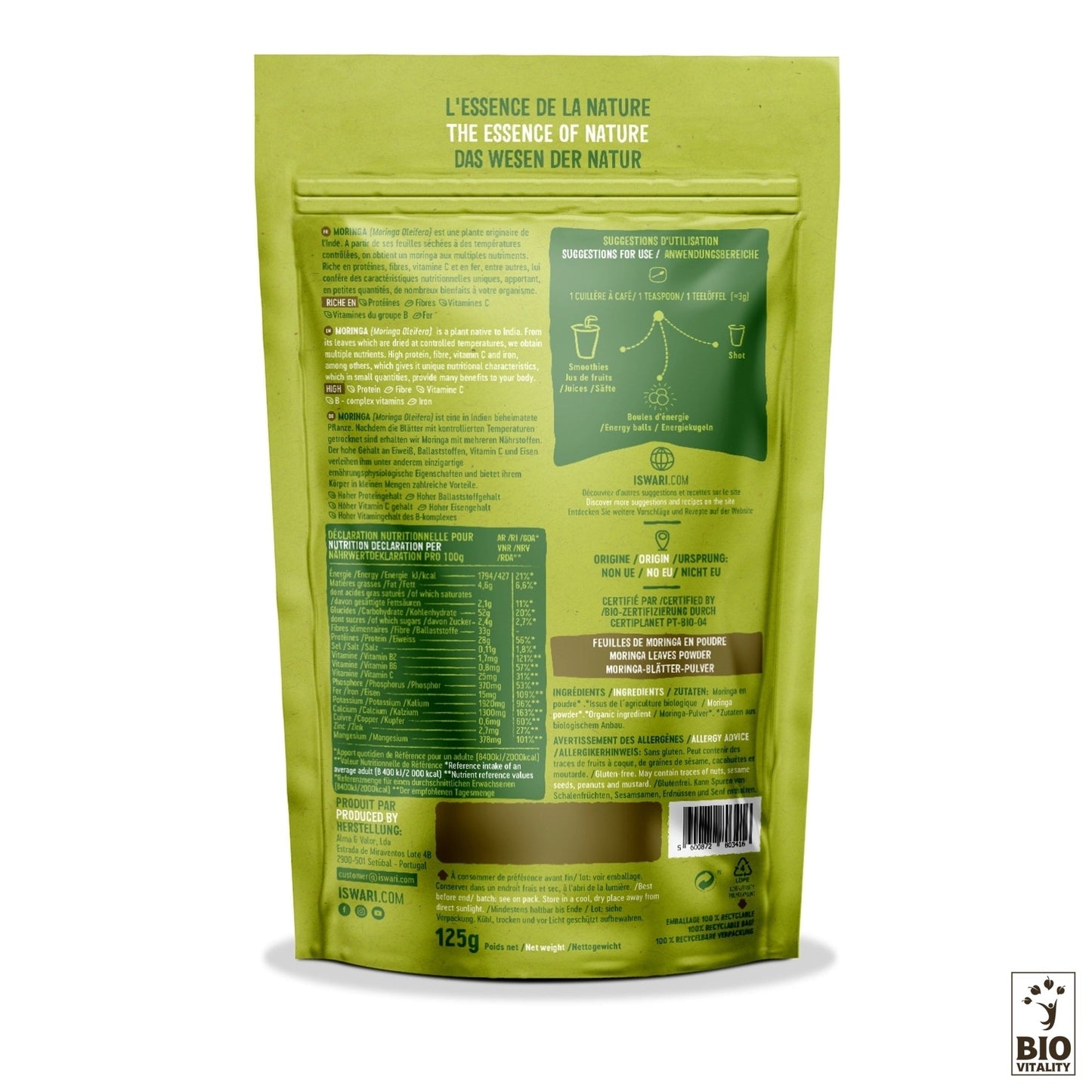 La vue arrière du paquet de 125 g de Moringa en poudre Bio ISWARI affiche des instructions et des détails en plusieurs langues.
