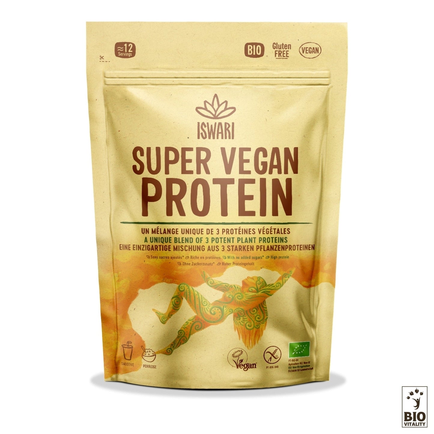 Les Protéines Super Vegan Bio dISWARI sont présentées dans un emballage coloré, avec les étiquettes bio, sans gluten et végétaliennes. Idéal pour les régimes végétaliens, il contient des protéines végétales comme le chanvre biologique pour dynamiser naturellement votre journée. Disponible en formats de 250 g et 750 g.