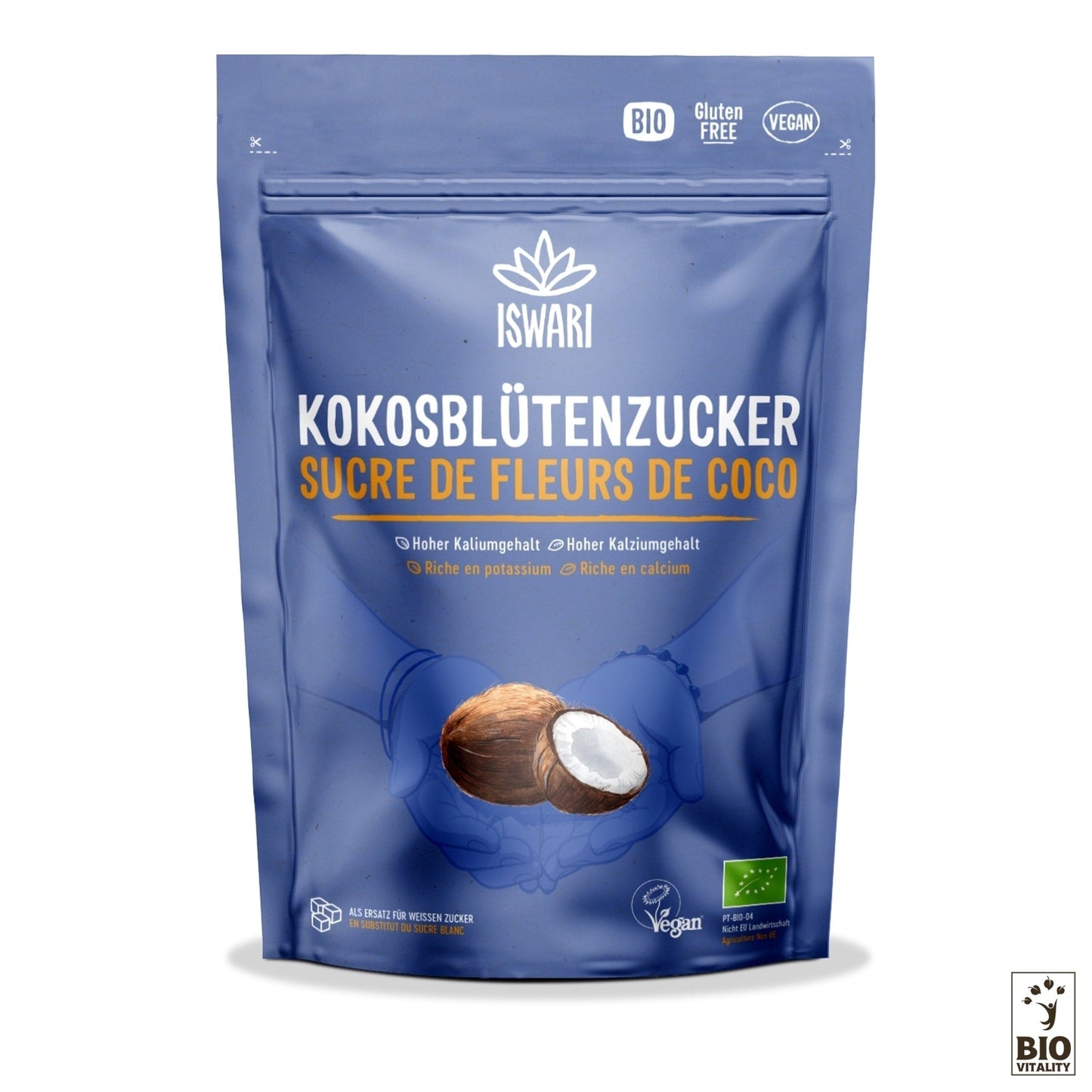 Un emballage bleu de Sucre de Fleurs de Coco en Poudre Bio dISWARI (250 g à 1 kg) comporte les étiquettes « Bio », « Sans Gluten » et « Végétalien » avec des images de noix de coco, soulignant sa richesse en potassium et en calcium. Ce sucre naturel est une alternative nutritive parfaite.
