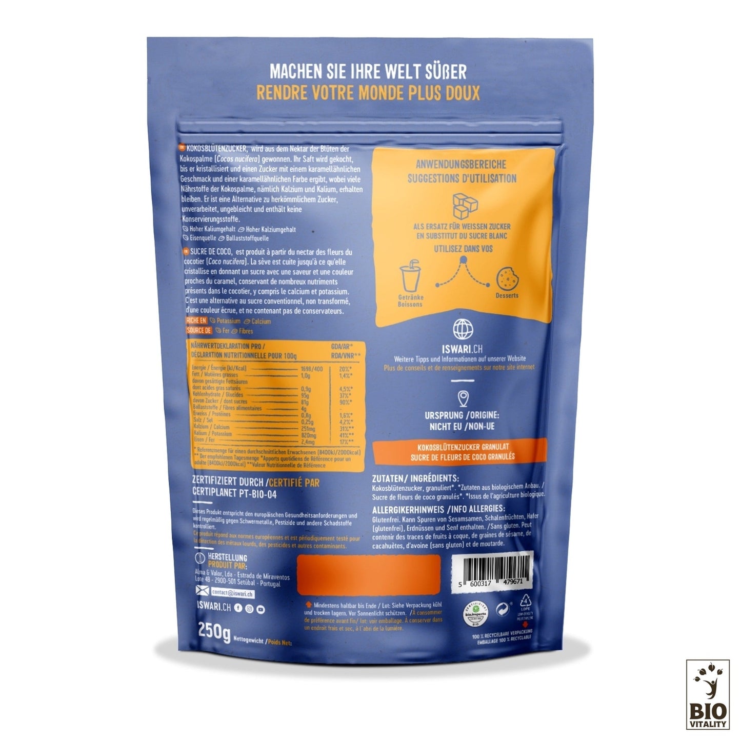 Lemballage bleu et orange ISWARI comprend des informations nutritionnelles, des détails sur les ingrédients et des instructions multilingues pour le « Sucre de Fleurs de Coco en Poudre Bio » de 250 g, comportant le logo Bio Vitality et faisant la promotion du sucre de fleur de coco comme édulcorant nutritif alternatif.
